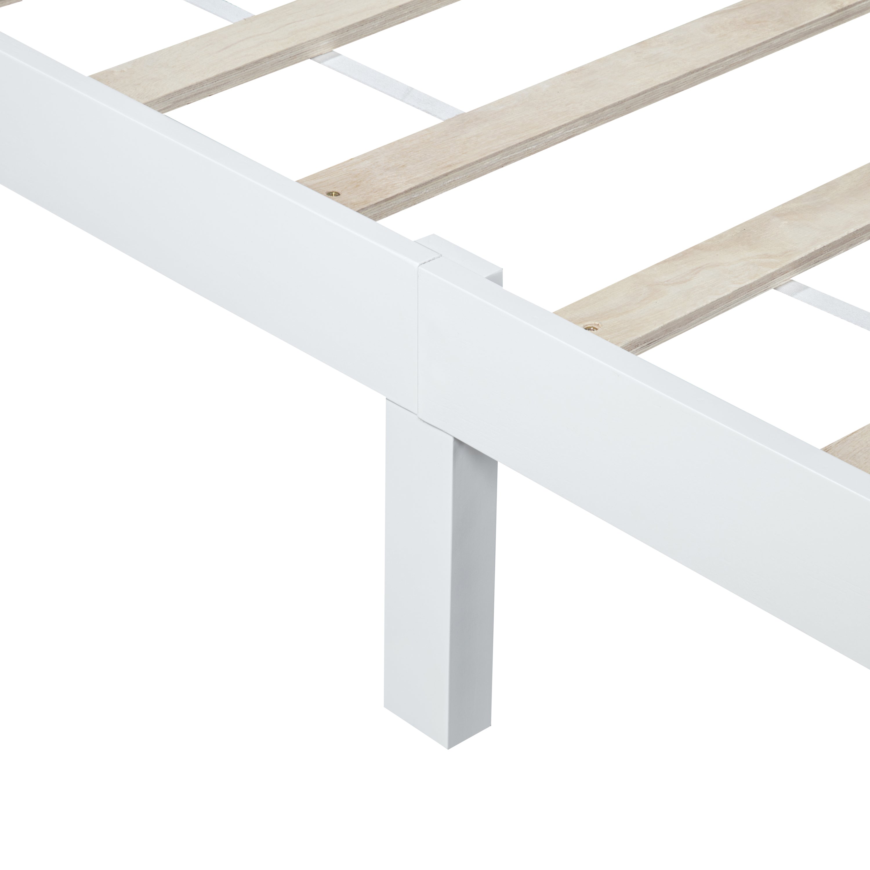 Close-up of a white support leg under the side rail with wood slats and anti-slip straps #Color_White