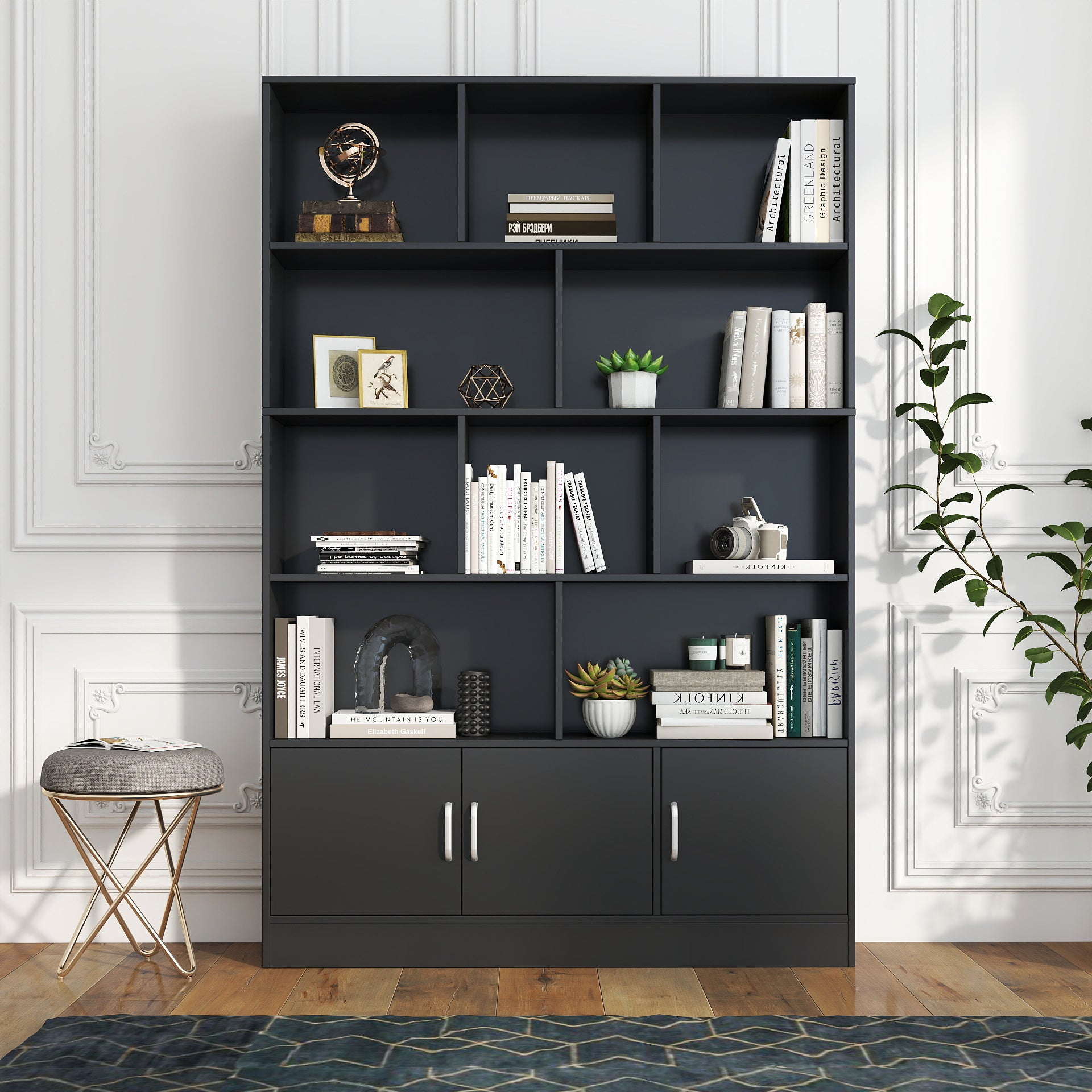 Modern Bookcase with Doors, 47.2 in, Black