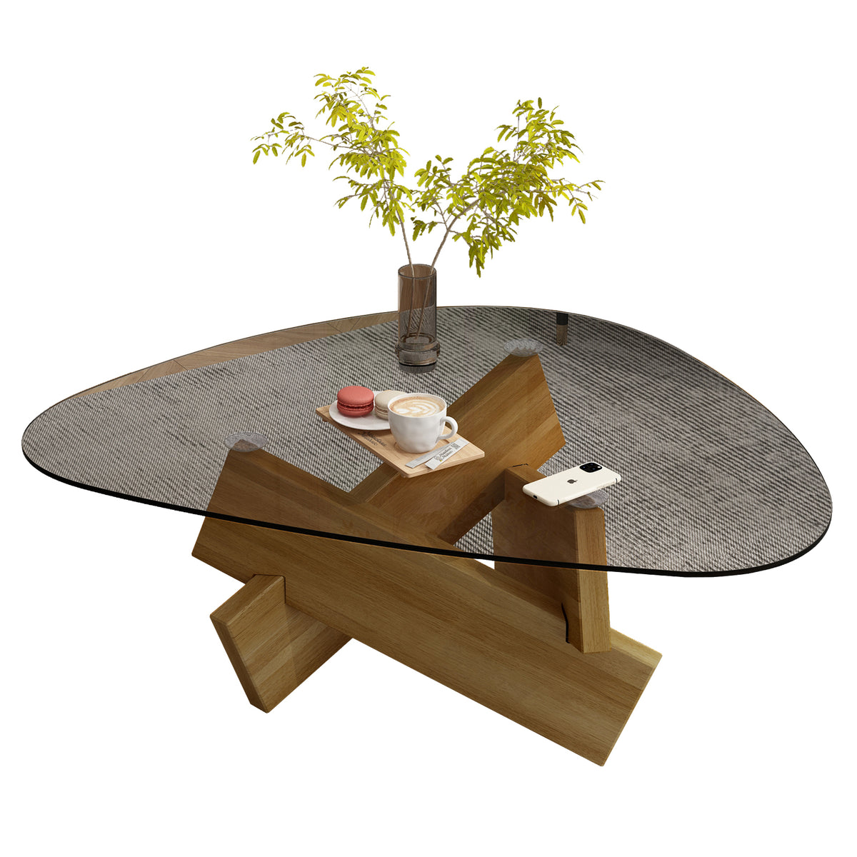 Walnut Glass Top Coffee Table with Storage, 32.3 in, 12 in Tall