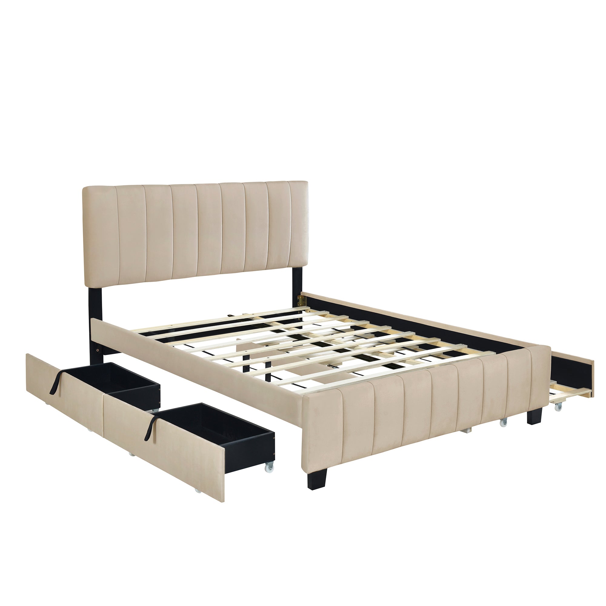 Velvet Tufted Queen Platform Bed with 2 Drawers and Trundle