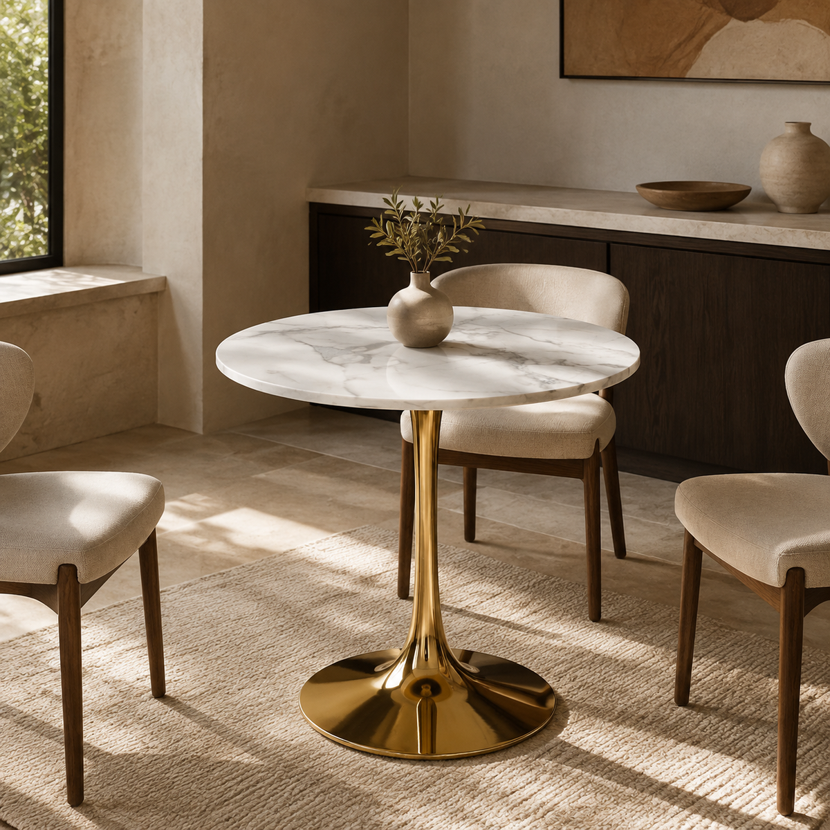 Tulip Dining Table, White Faux Marble - Gold Pedestal, 23.62 In