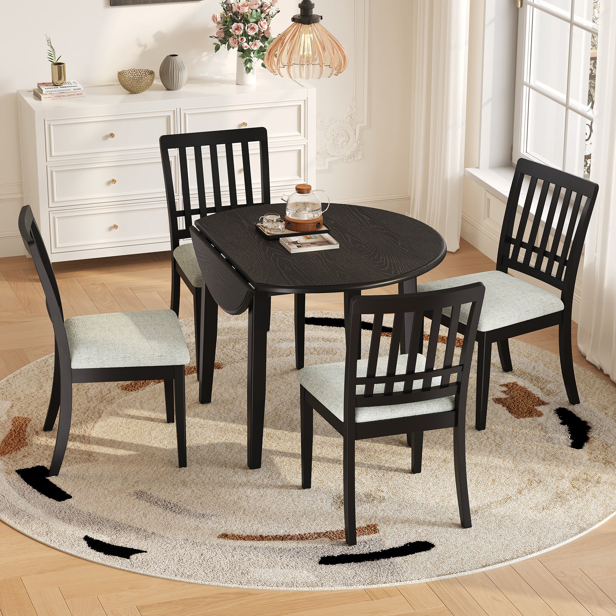 5-Piece Round Drop-Leaf Dining Set for 4, Black Table + 4 Chairs