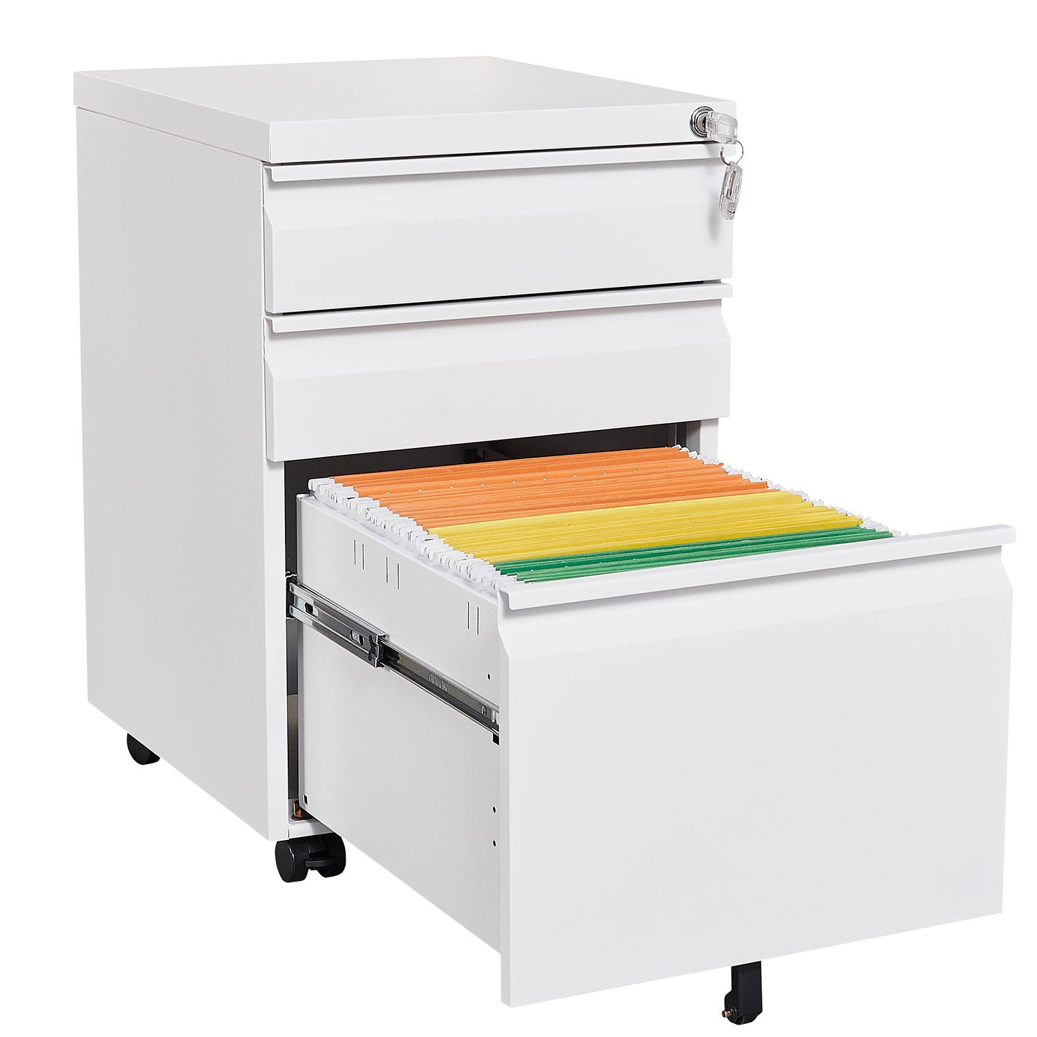 Rolling Modern File Cabinet with Drawers and Lock, 17.7 in, White