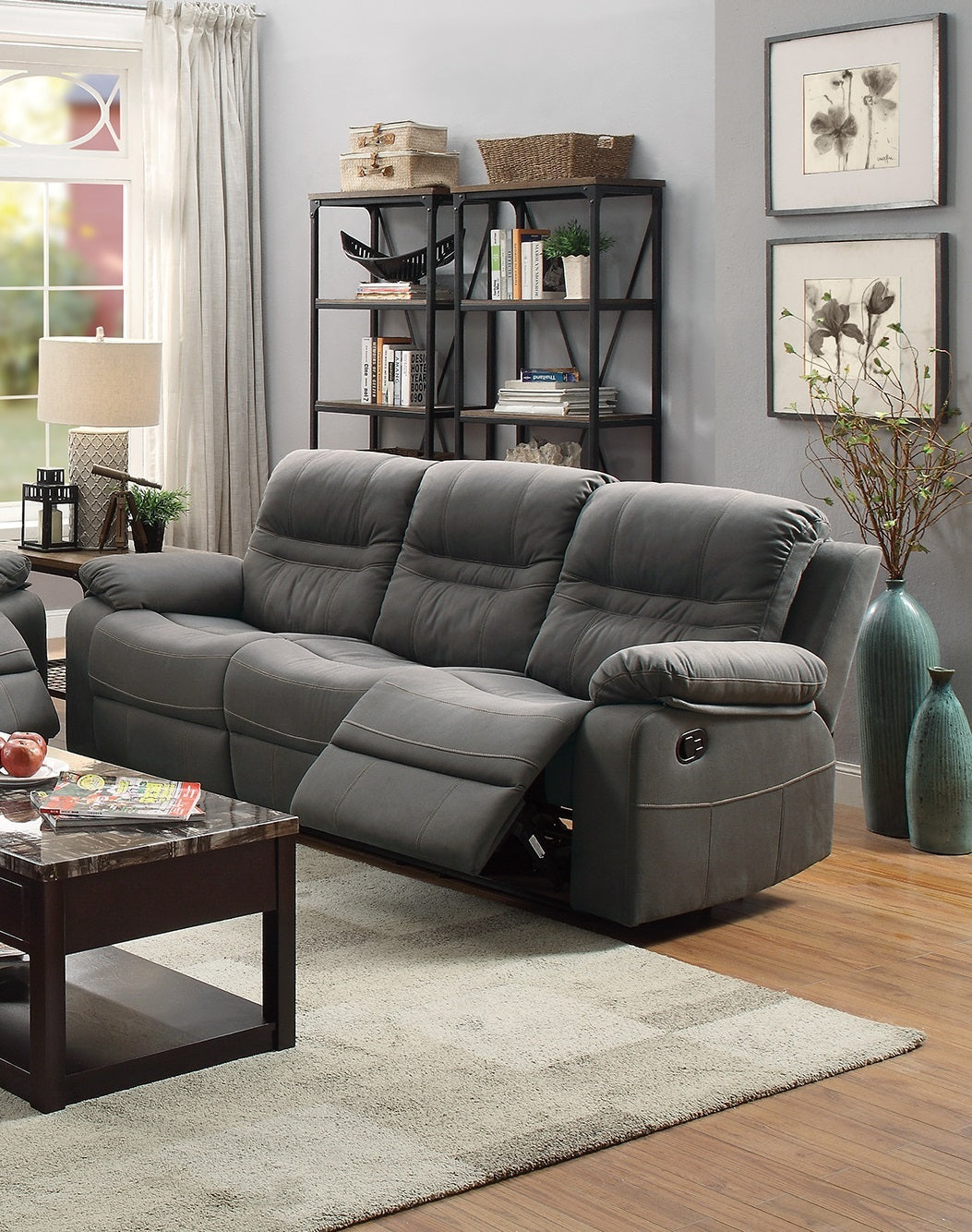 Blue Bonded Leather Reclining Sofa, 86 in Wide