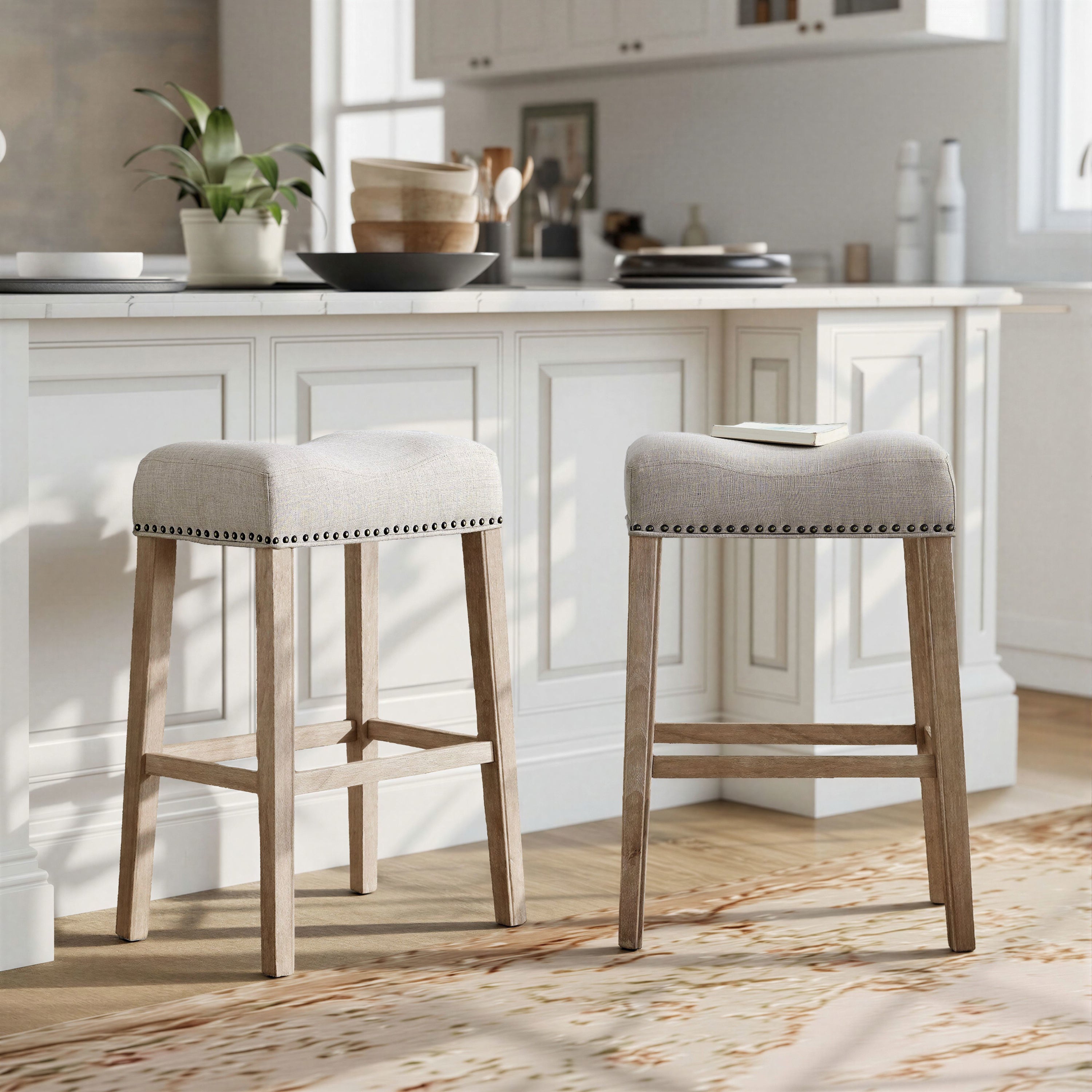 Bar Stool Set of 2, Backless Saddle Seat, Tan Upholstered