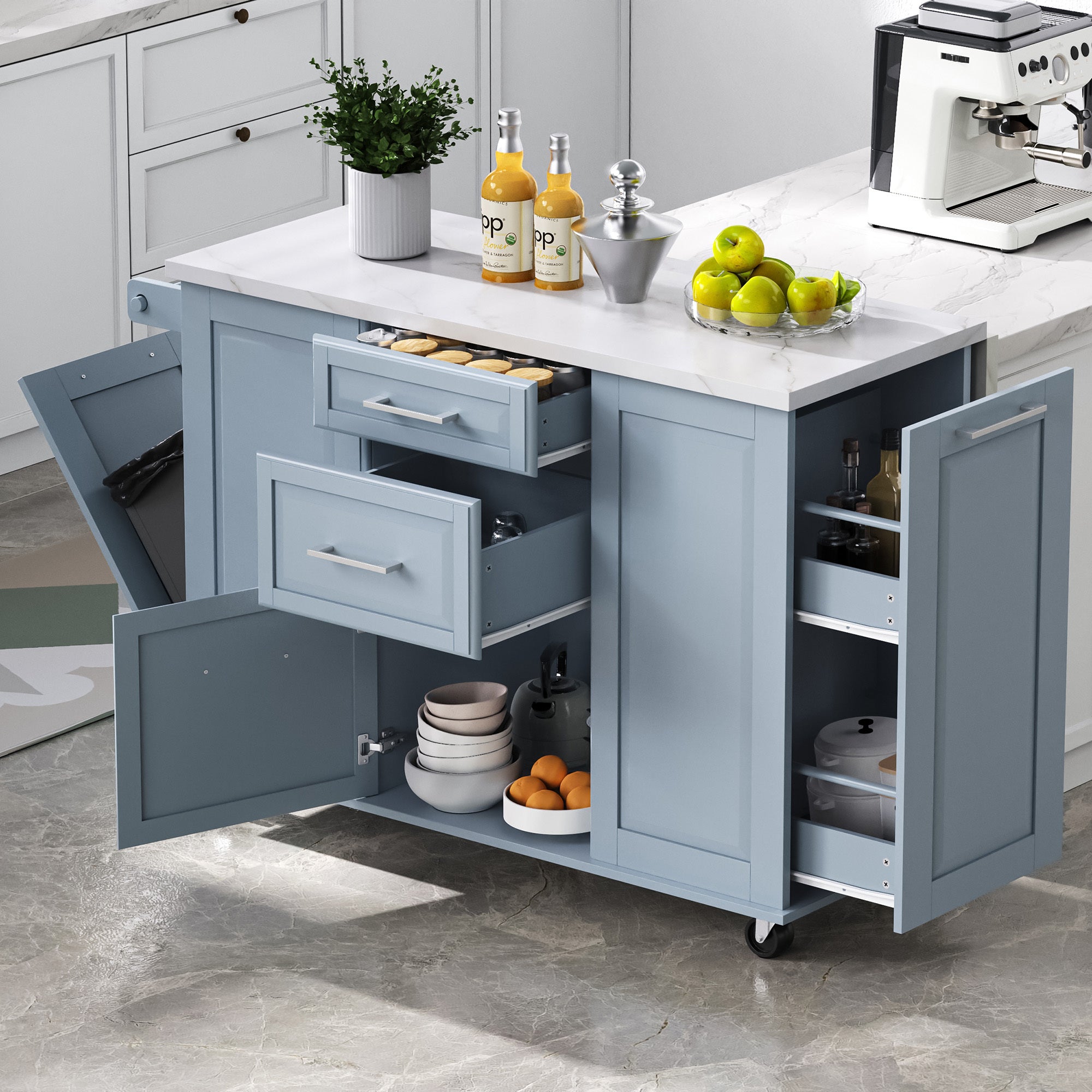 Grey-Blue Kitchen Island, 50.7'' Drop-Leaf with Trash Cabinet
