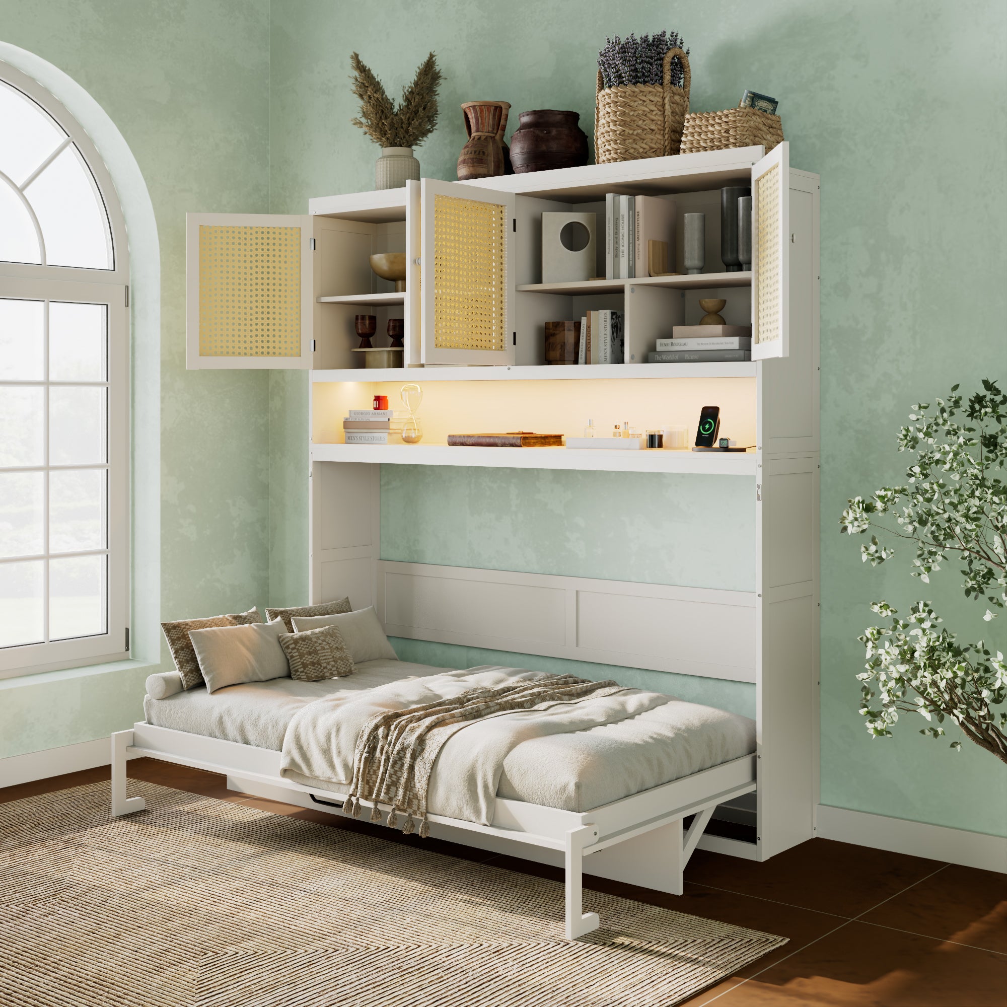 Twin Murphy Bed with Top Cabinet, LED Light & USB Charging, White