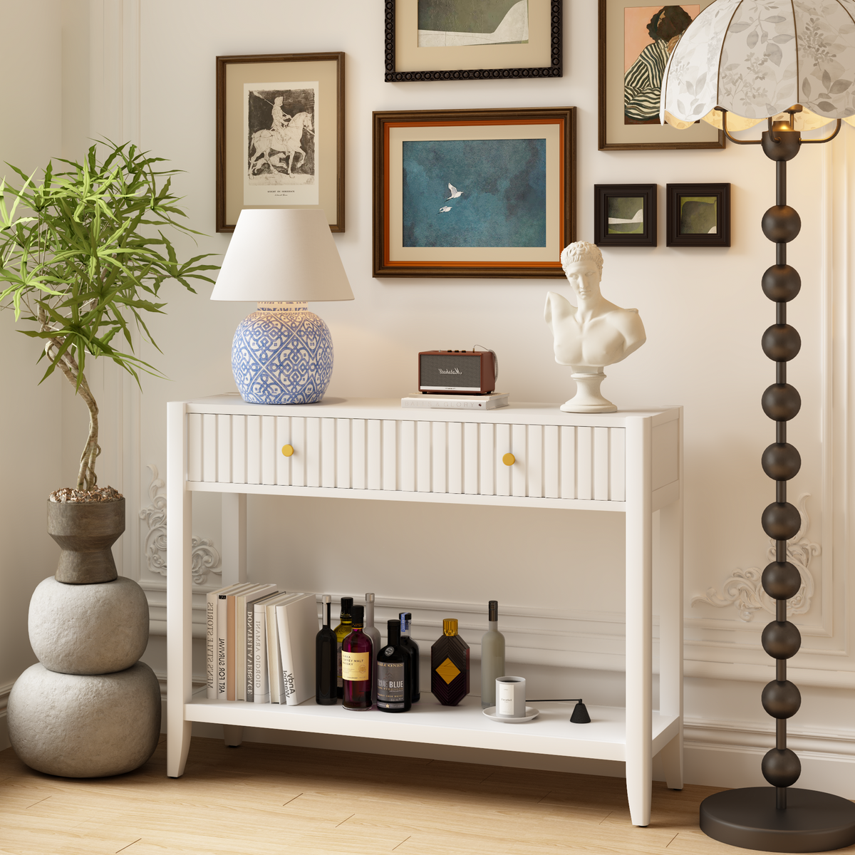 White Entryway Console Table with Storage, 39.4 in Wide