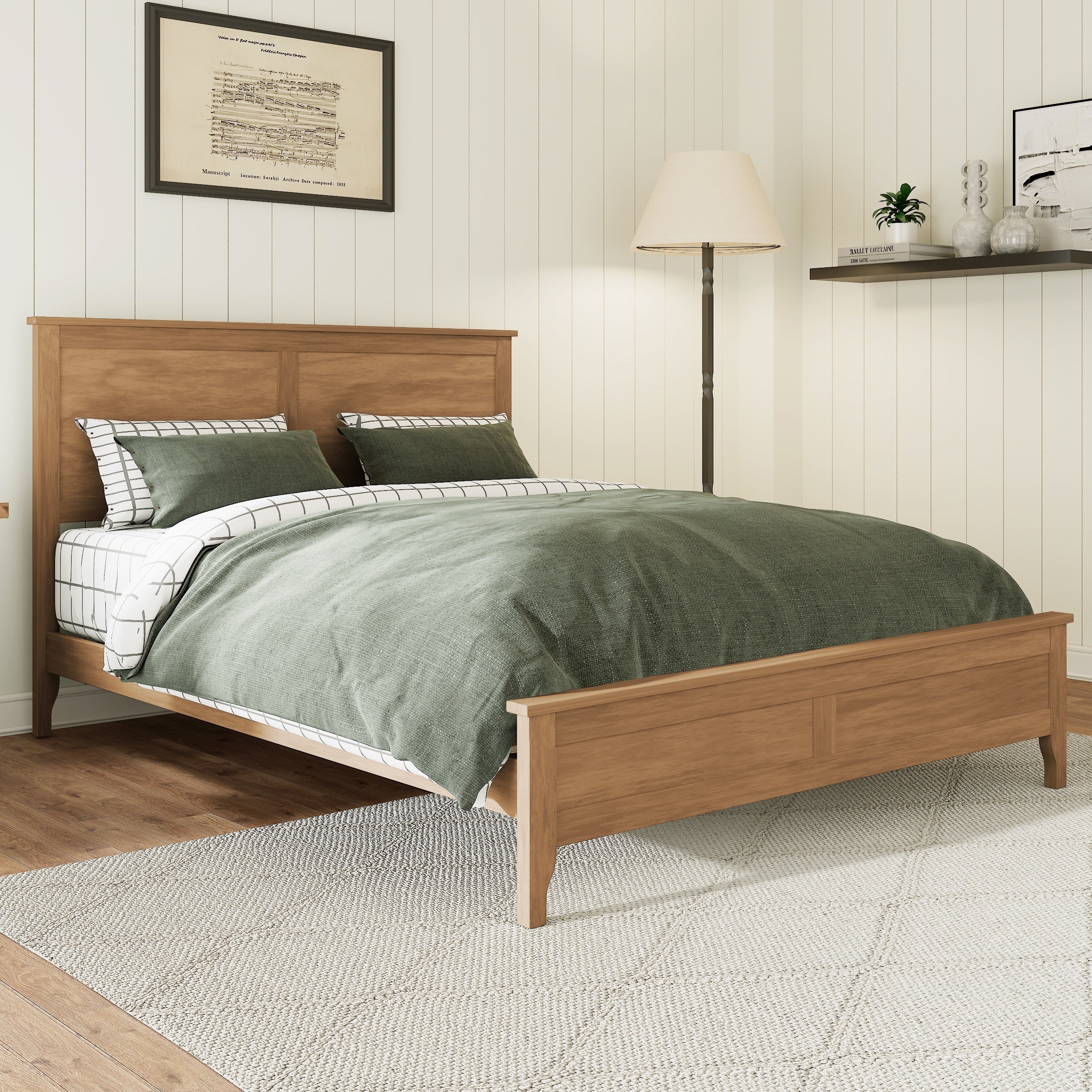 Seadrift wood king bed frame in bedroom with wall art and floor lamp