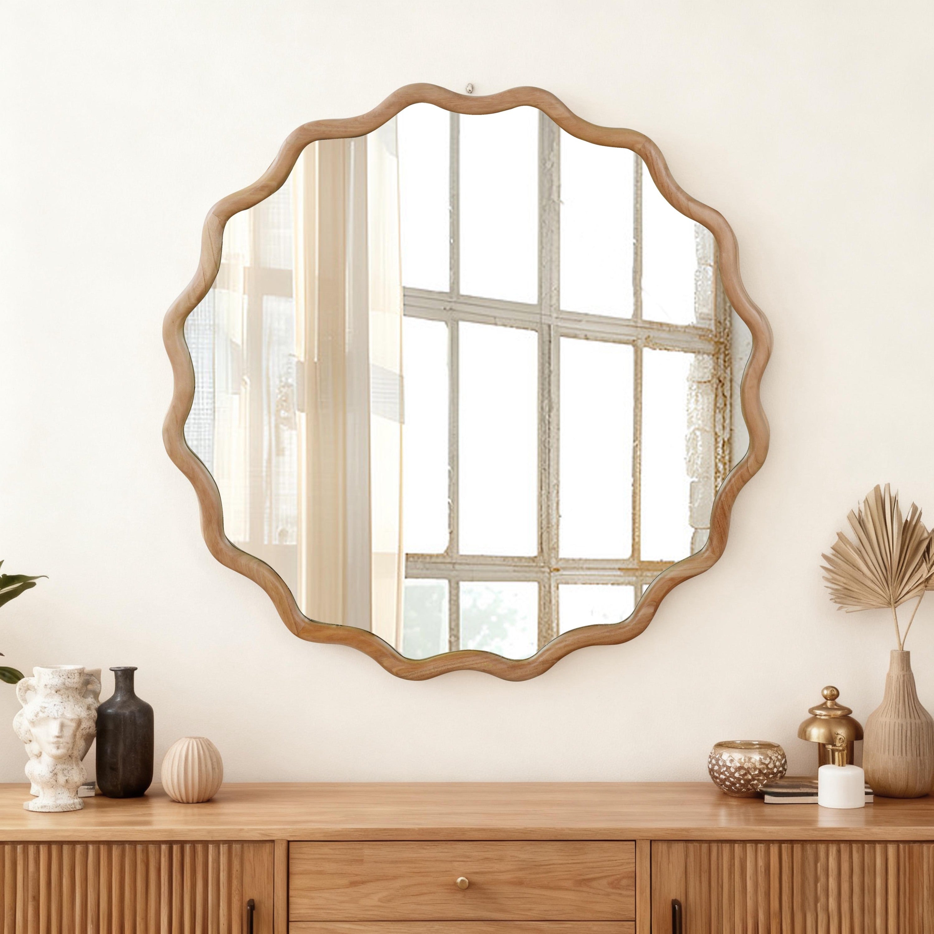 30 Inch Wavy Round Mirror, Solid Wood Frame, Natural