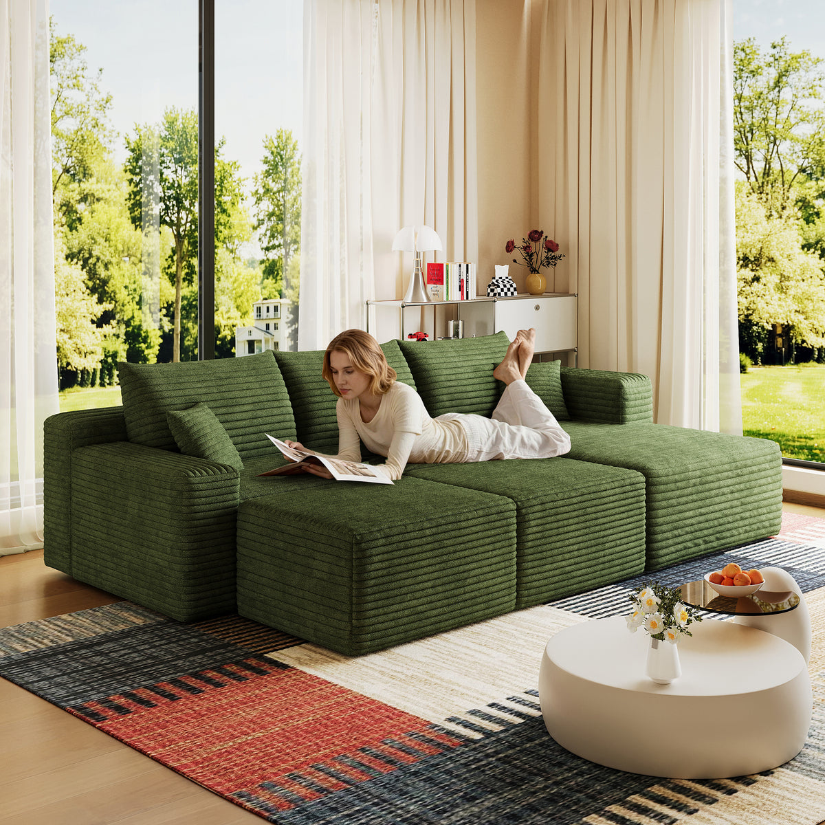 Green Corduroy L-Shaped Sectional with 2 Ottomans, 95 in Wide