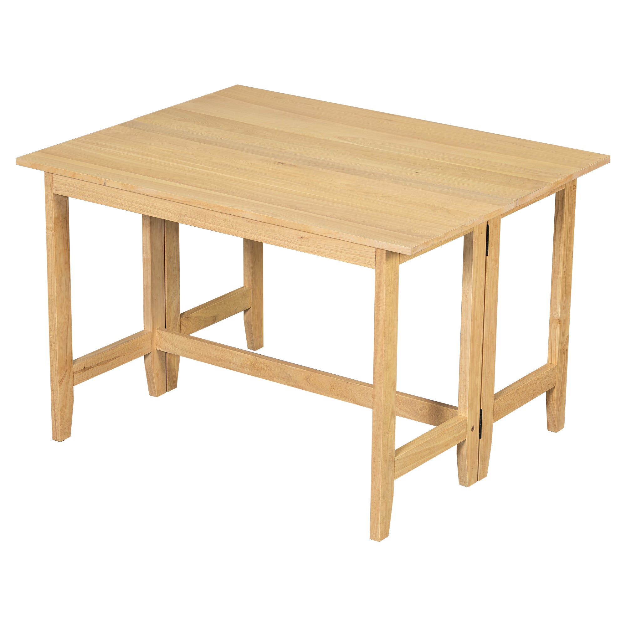 Natural wood drop-leaf dining table with one leaf folded down, front studio view