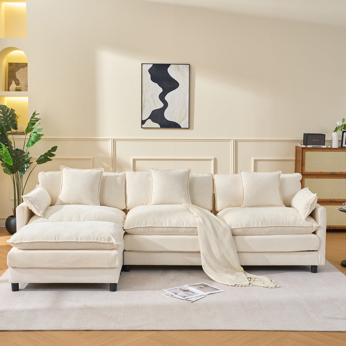 Beige Chenille Modular Sectional Couch with Ottoman, 108 in Wide