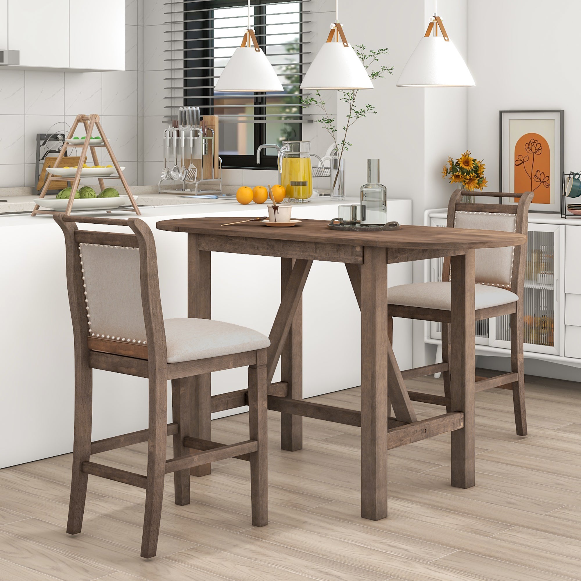 3-Piece Counter-Height Drop-Leaf Dining Set for 2, Brown Oval Table