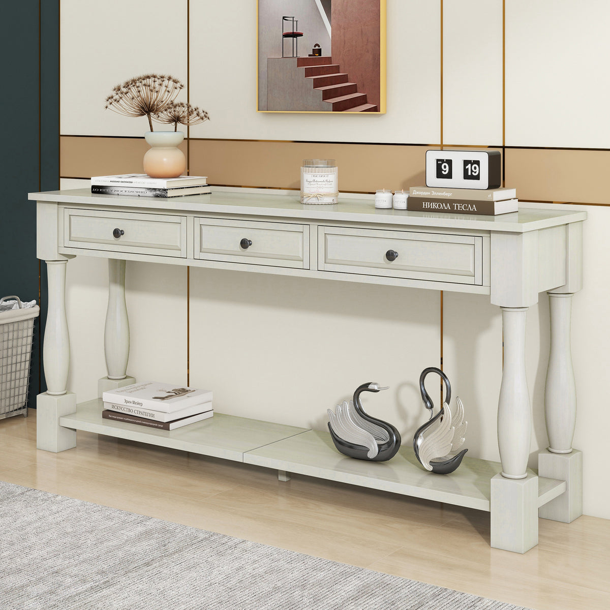 White Entryway Console Table with Storage, 63 in Wide
