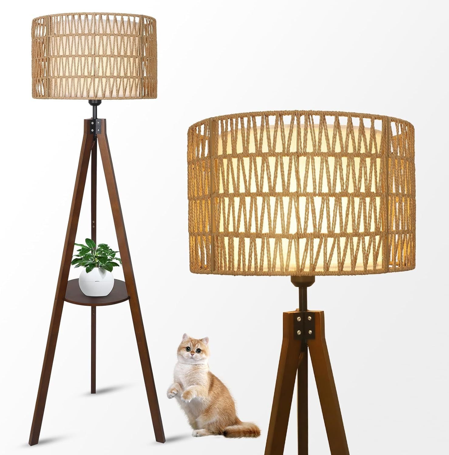 Floor Lamp, Wood and Rattan Frame with Fabric Shade, Brown
