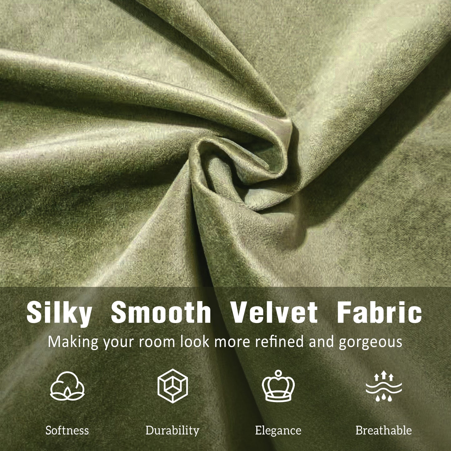 Olive green velvet king bed frame, straight-on front view, no bedding