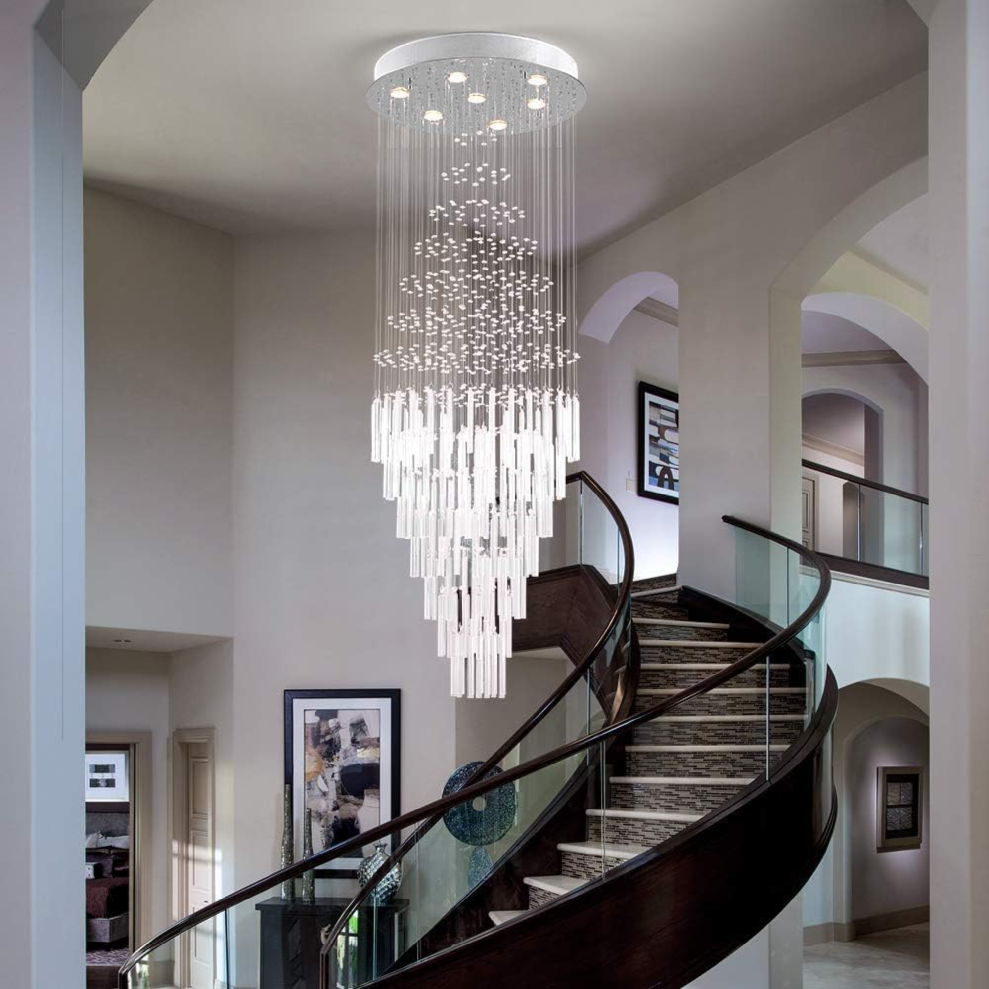 Chandelier, 7-Light Crystal Raindrop, Nickel
