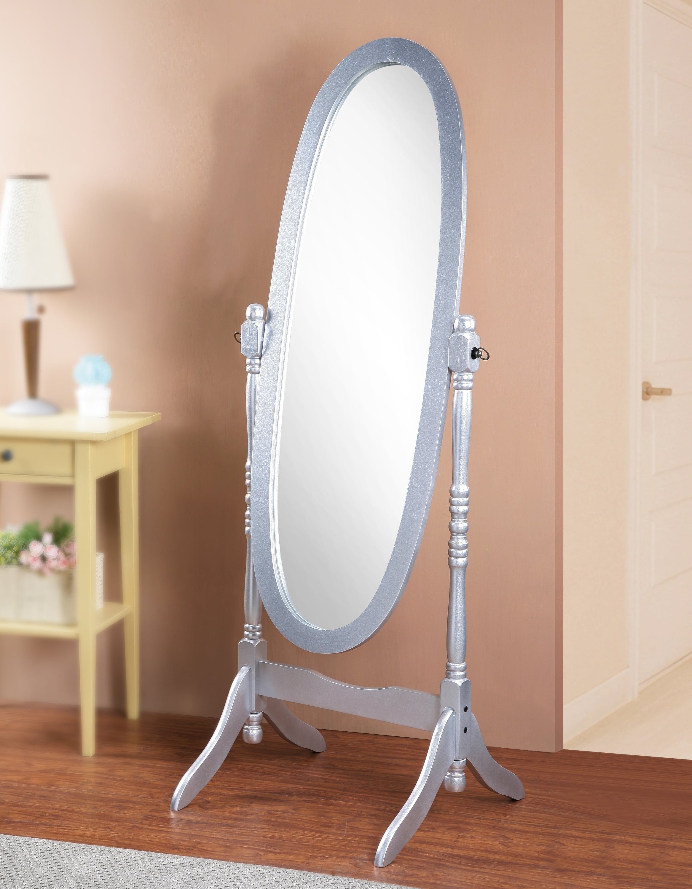Silver Cheval Mirror, Tilting Oval Glass on Wood Stand