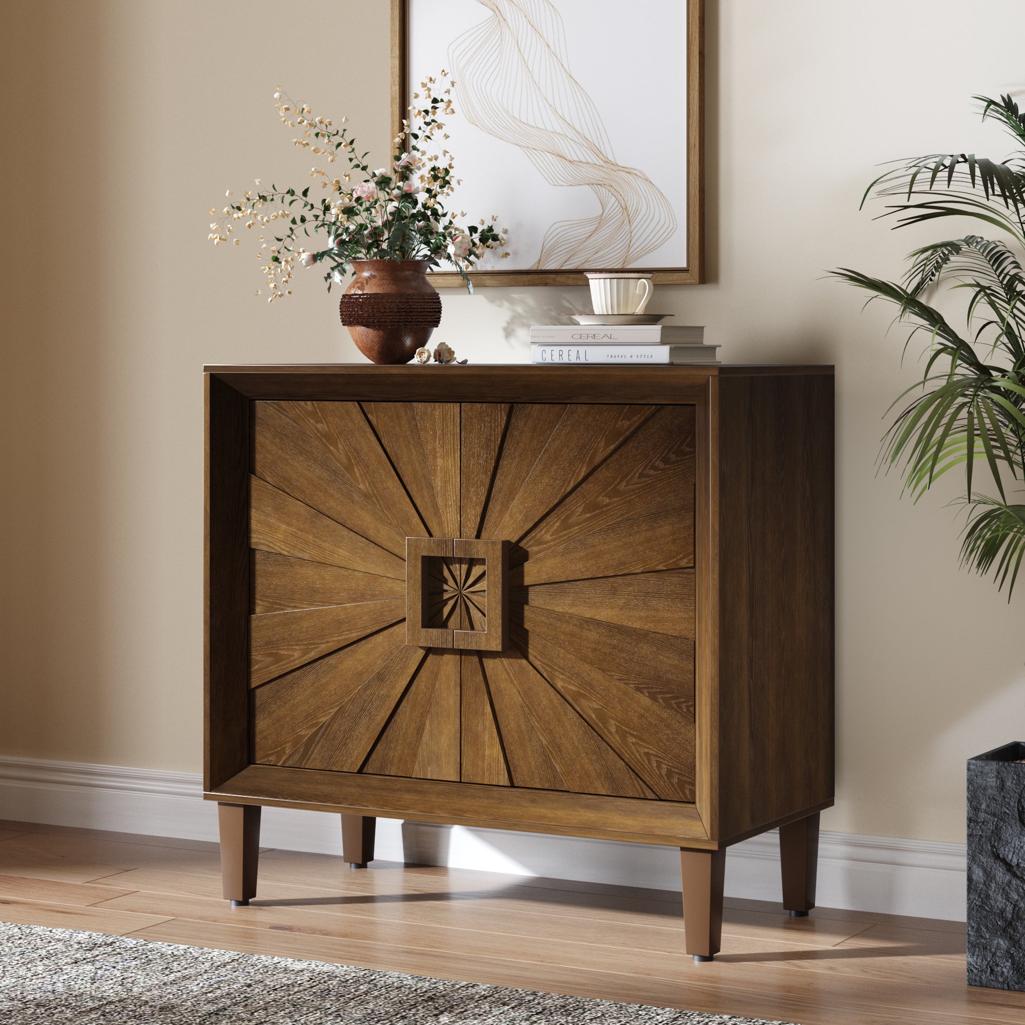 Mid-Century Sideboard Credenza, Brown, 31.5 in Sunburst 2-Door