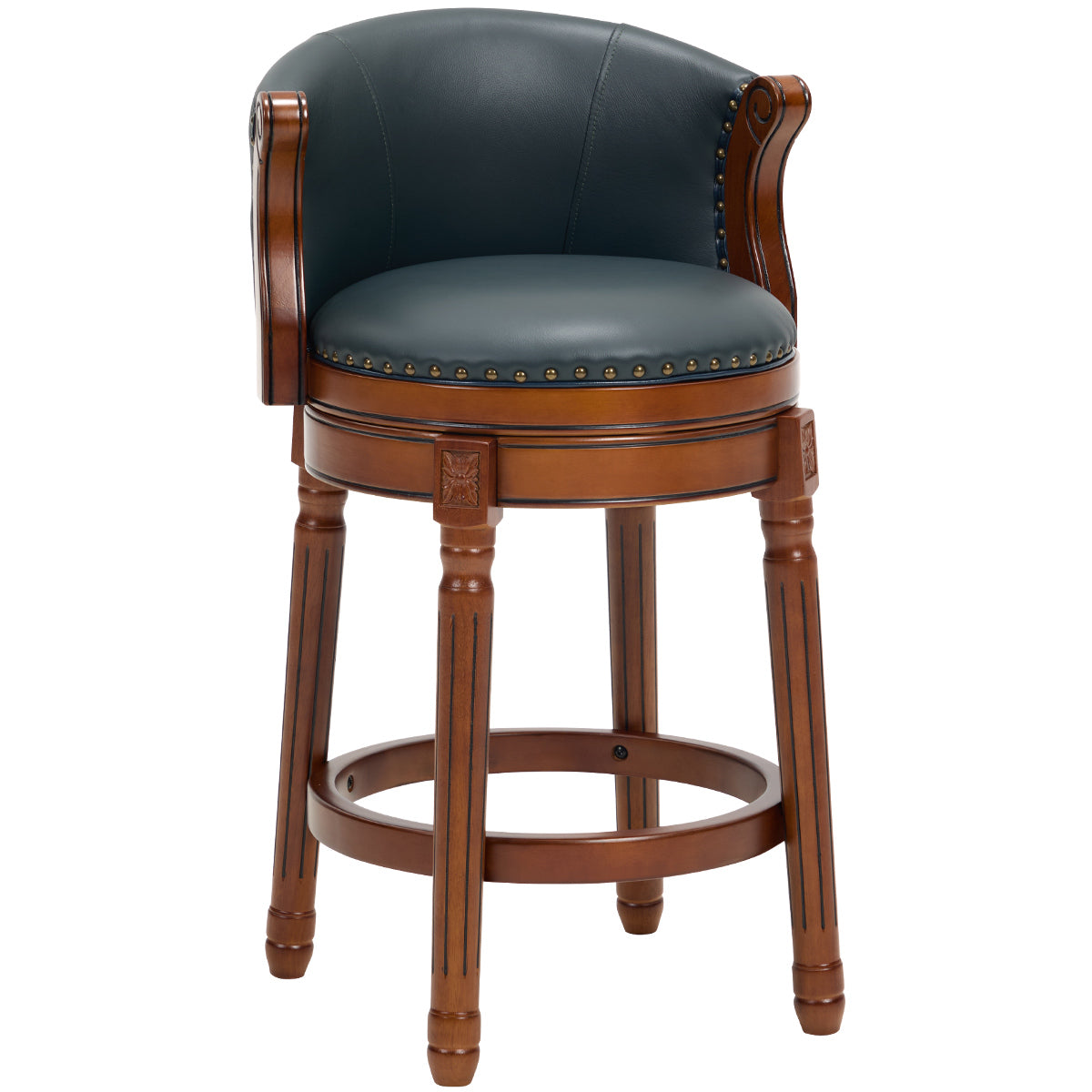 Genuine Leather Swivel Counter Stool, Blue Seat, Wood Frame
