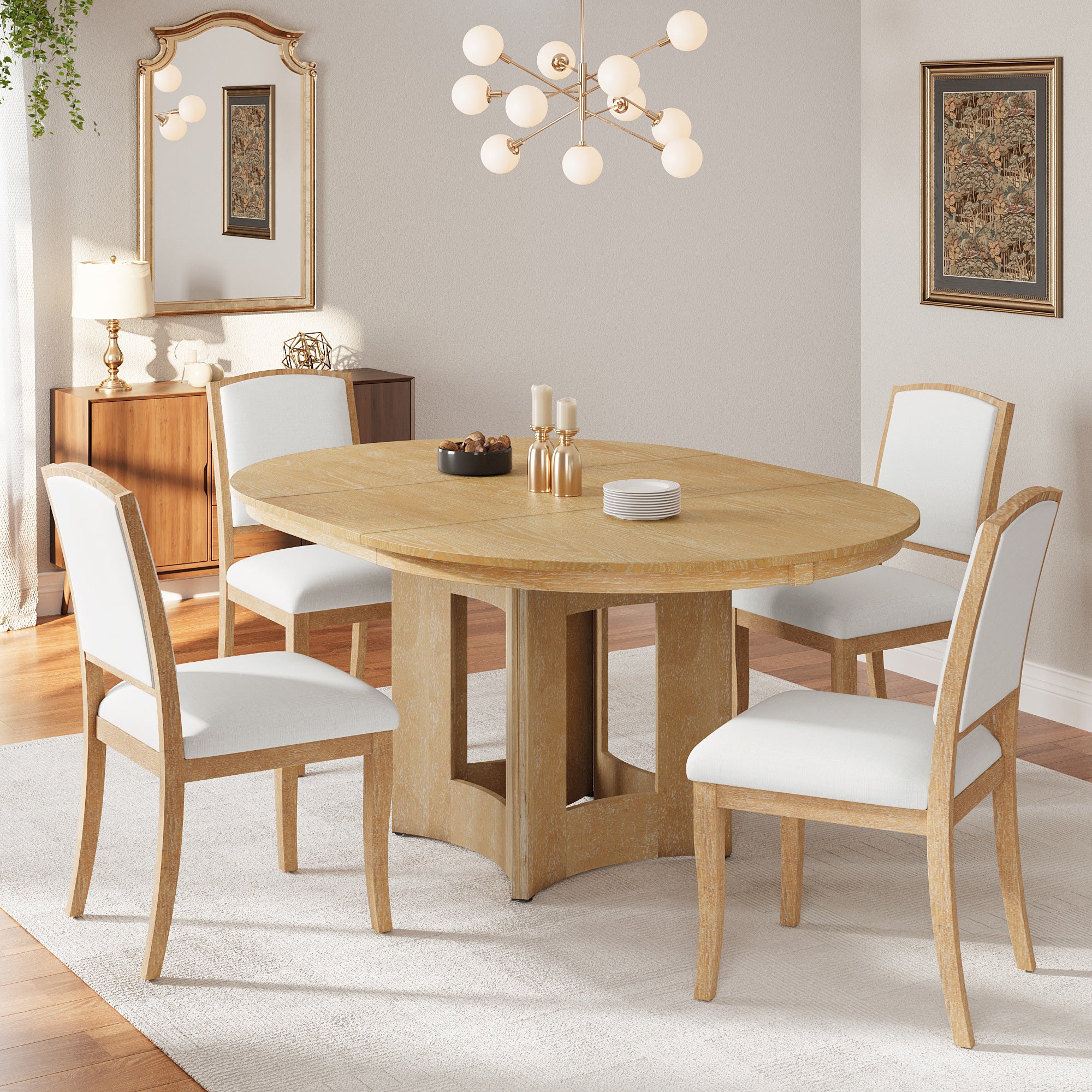 5-Piece Round Extendable Dining Set, Natural Pedestal Table for 4