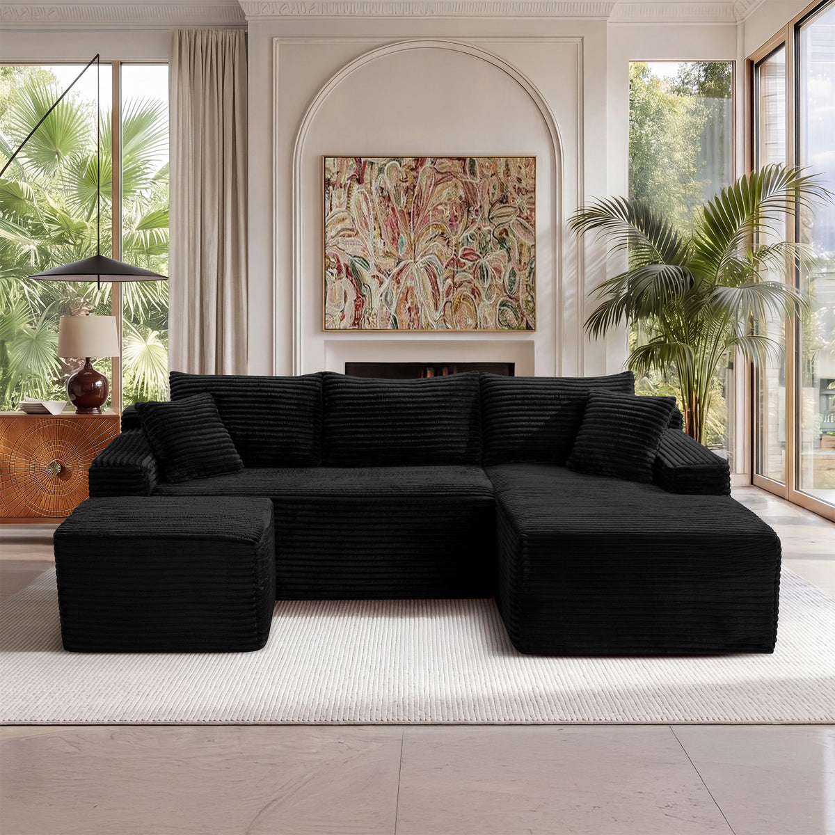 Black Corduroy U-Shaped Modular Sectional, 94.5 in Wide, Right-Facing