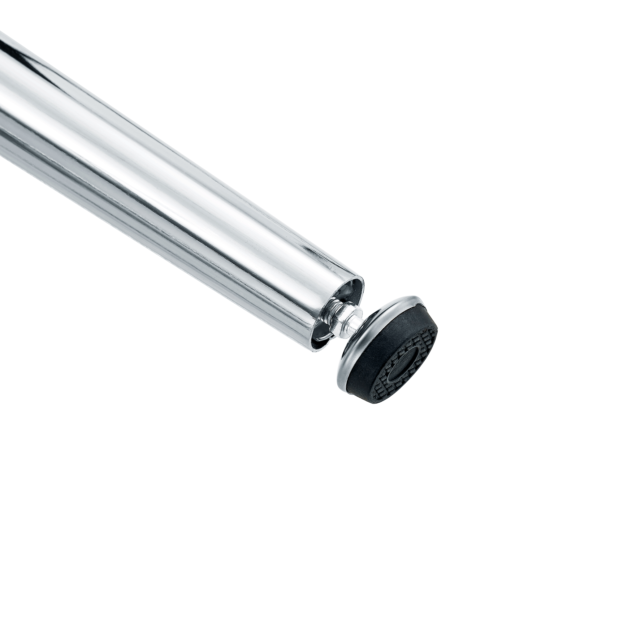 Studio close-up of a chrome leg end fitted with a black non-slip foot pad