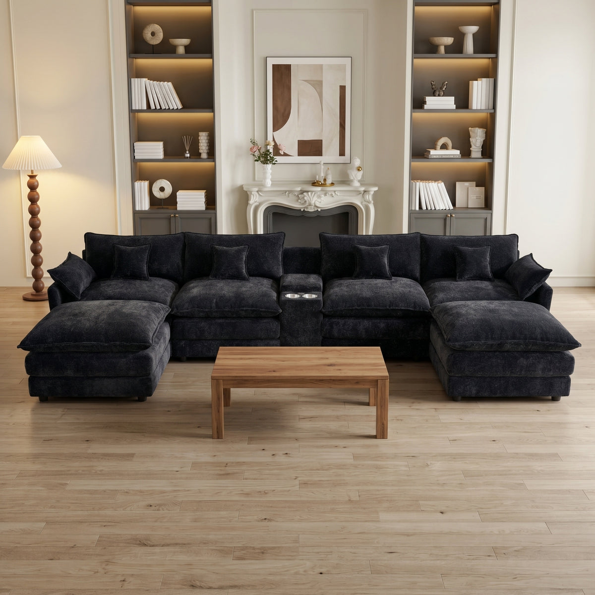 Black Chenille Modular Sectional with Console and 2 Ottomans