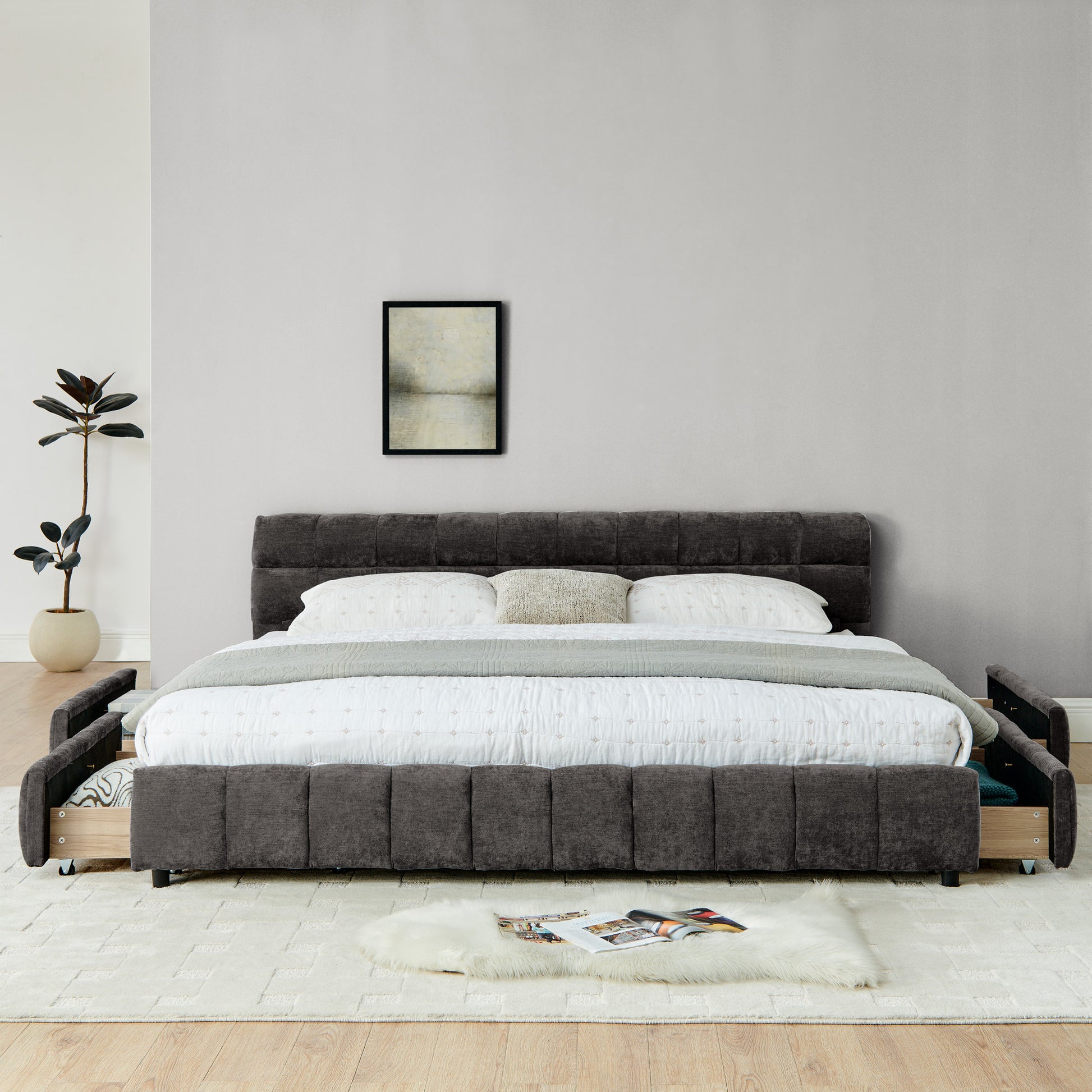 Close-up of tufted footboard corner on dark gray king bed frame