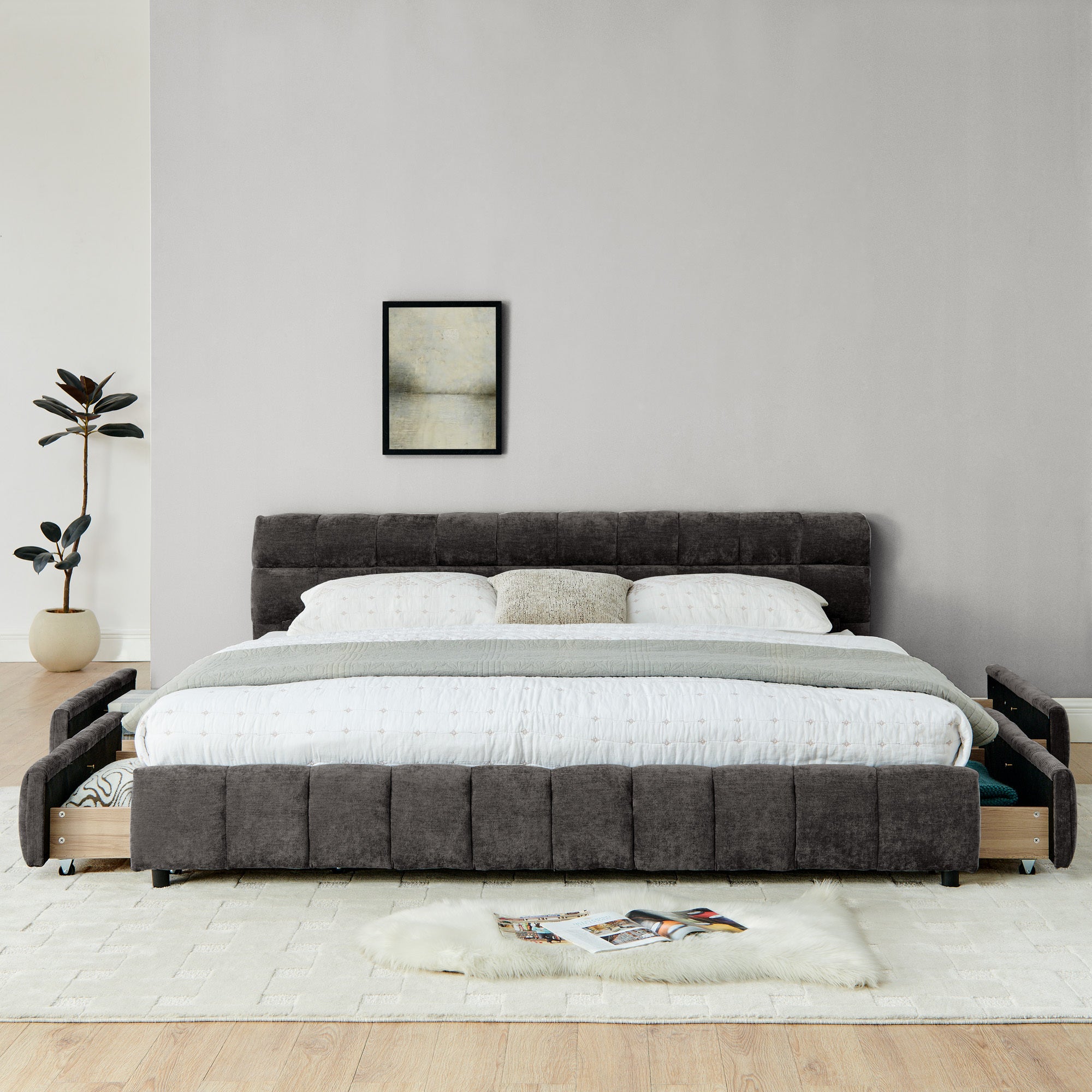 Close-up of tufted footboard corner on dark gray king bed frame