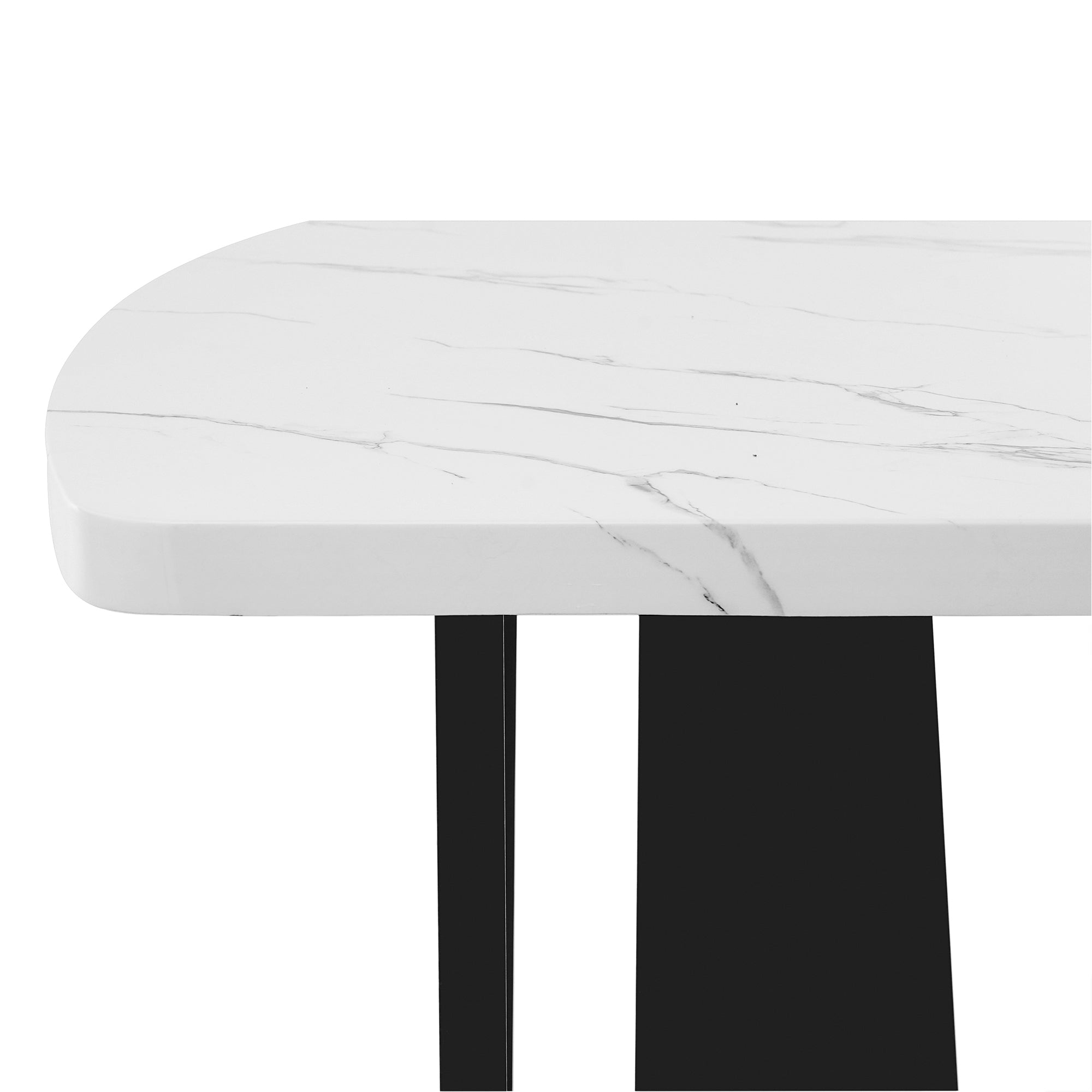 Angled close-up of the opposite rounded corner and black legs of the faux marble table, white background
