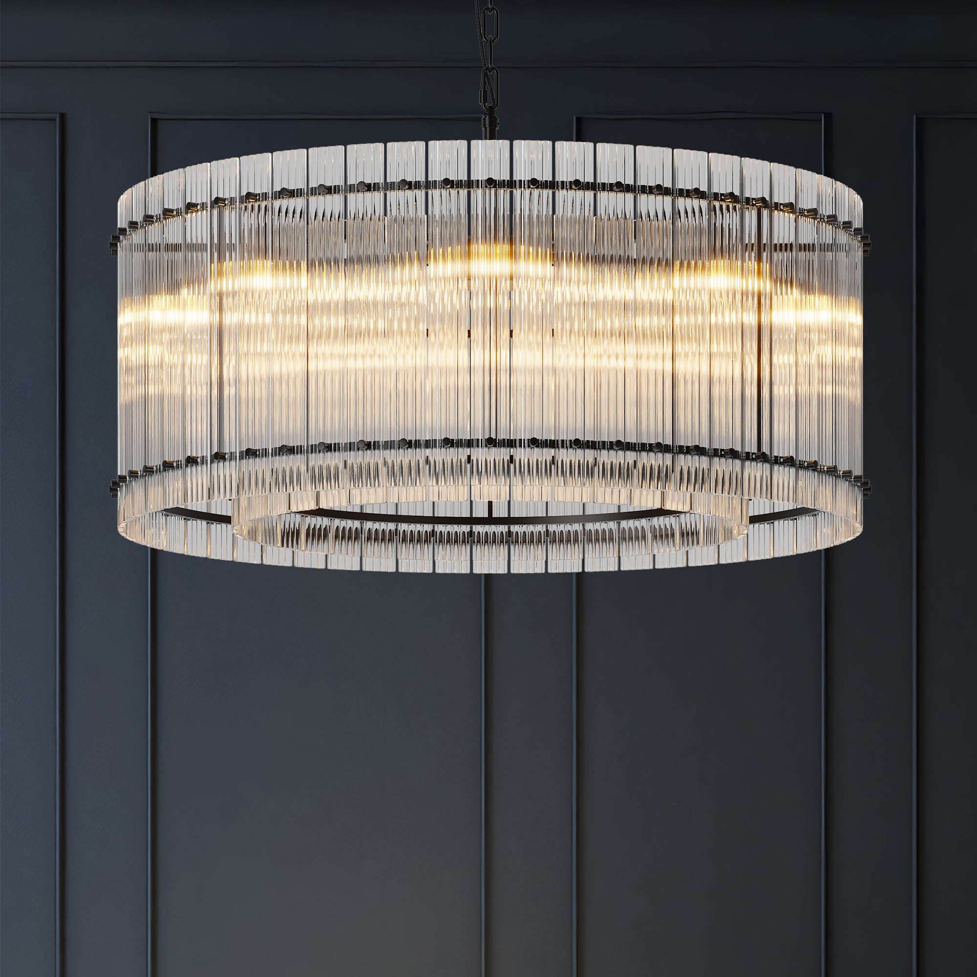 Chandelier, 2-Tier 8-Light Water Ripple Glass, Black