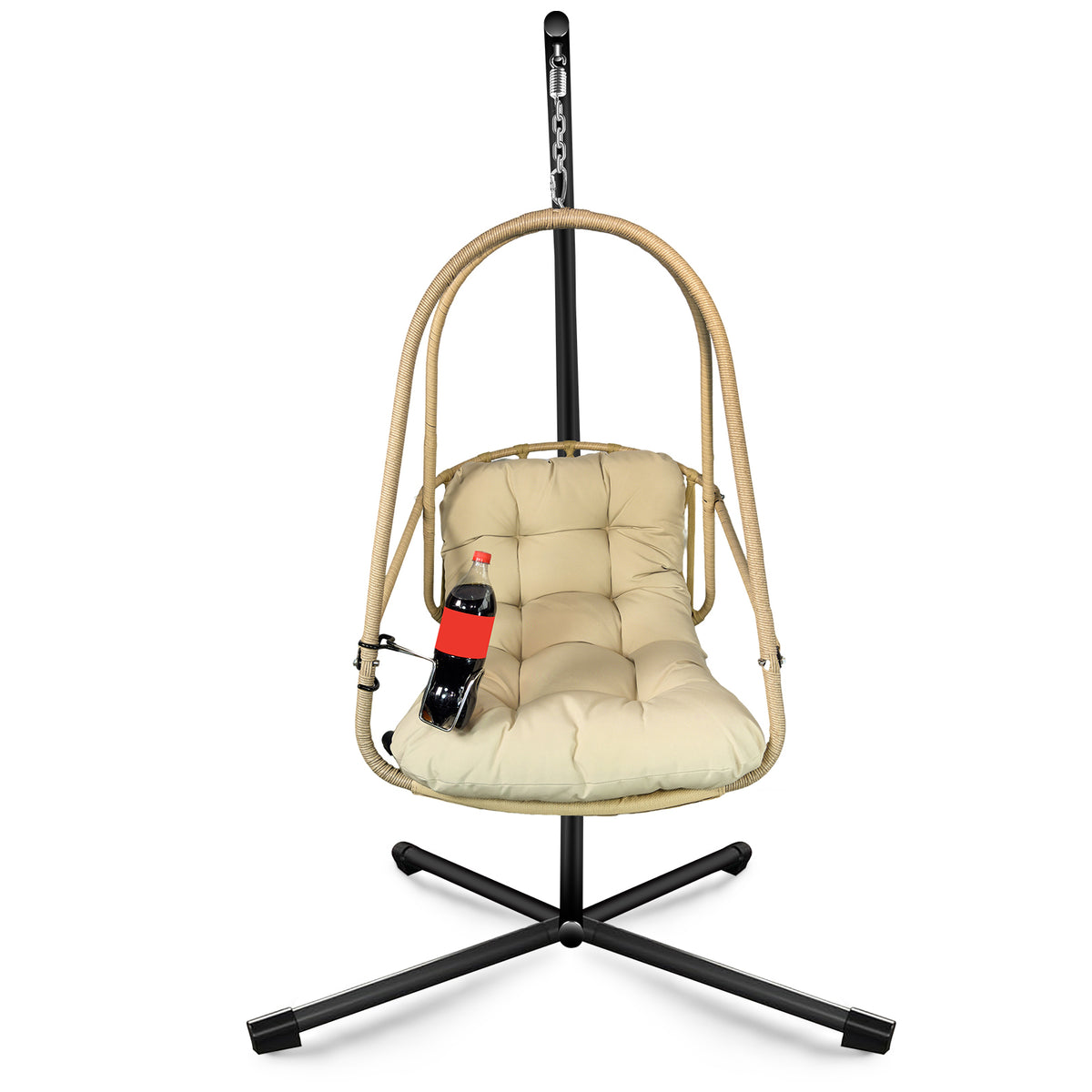 Wicker Folding Hanging Egg Chair with Stand, with Cup Holder