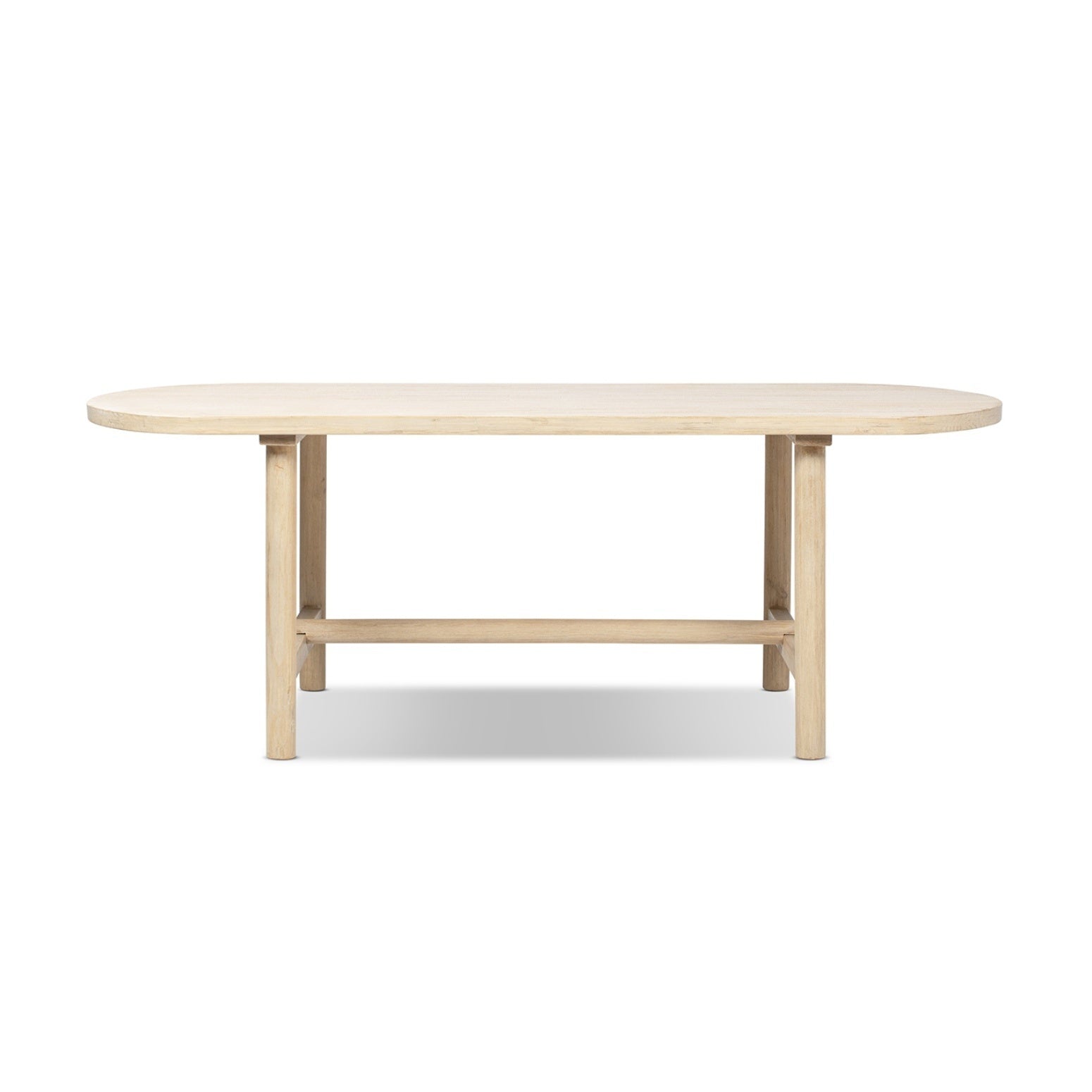 Natural cerused pine oval dining table, front view on white studio background