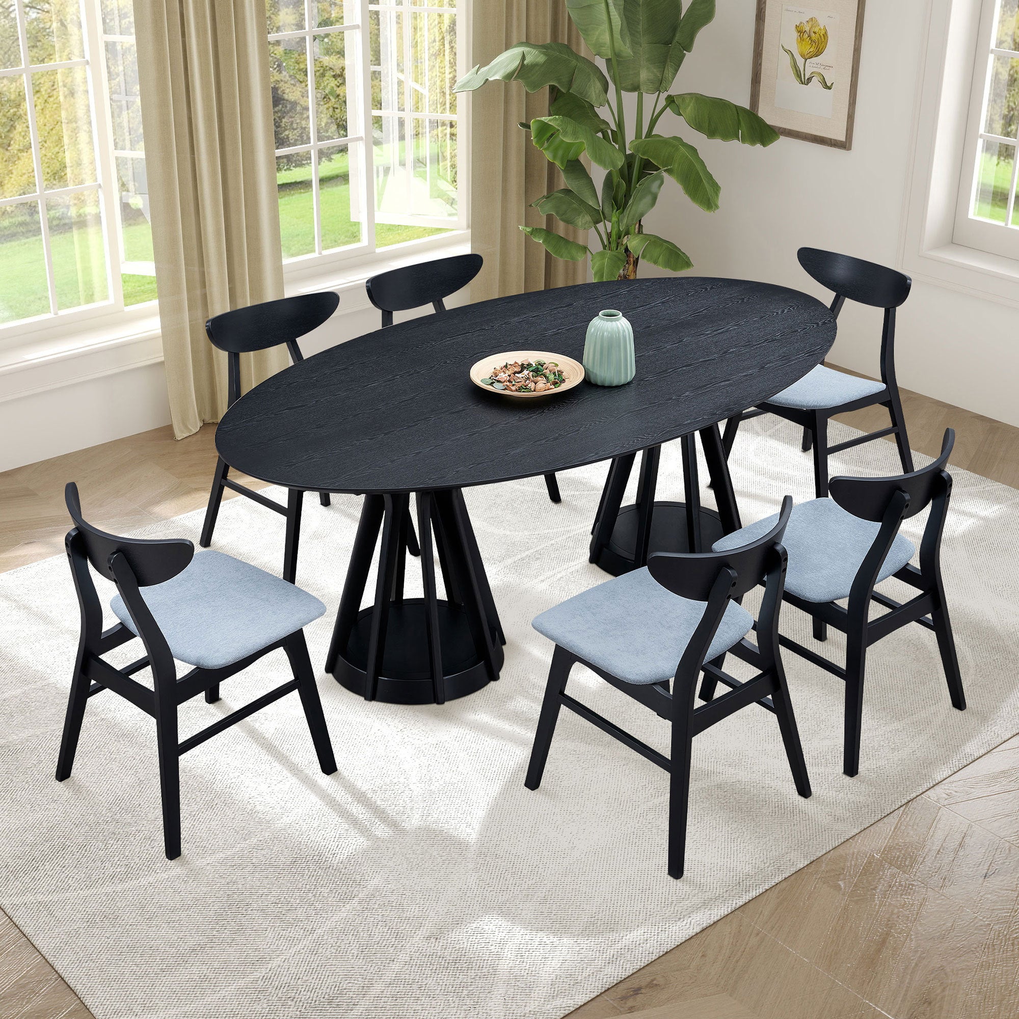 7-Piece Oval Dining Set, Black Pedestal Table with 6 Chairs