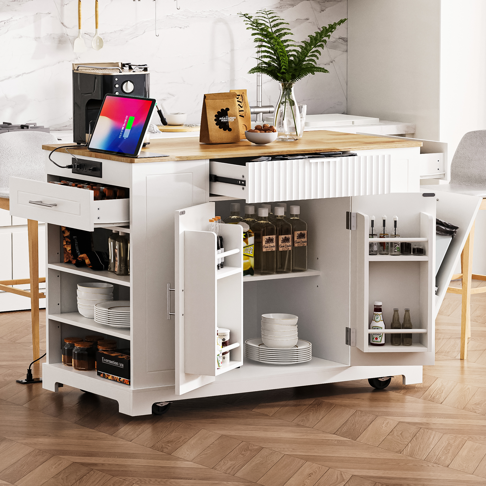 Fluted Kitchen Island, White, Rolling with Trash Cabinet, 48.5in
