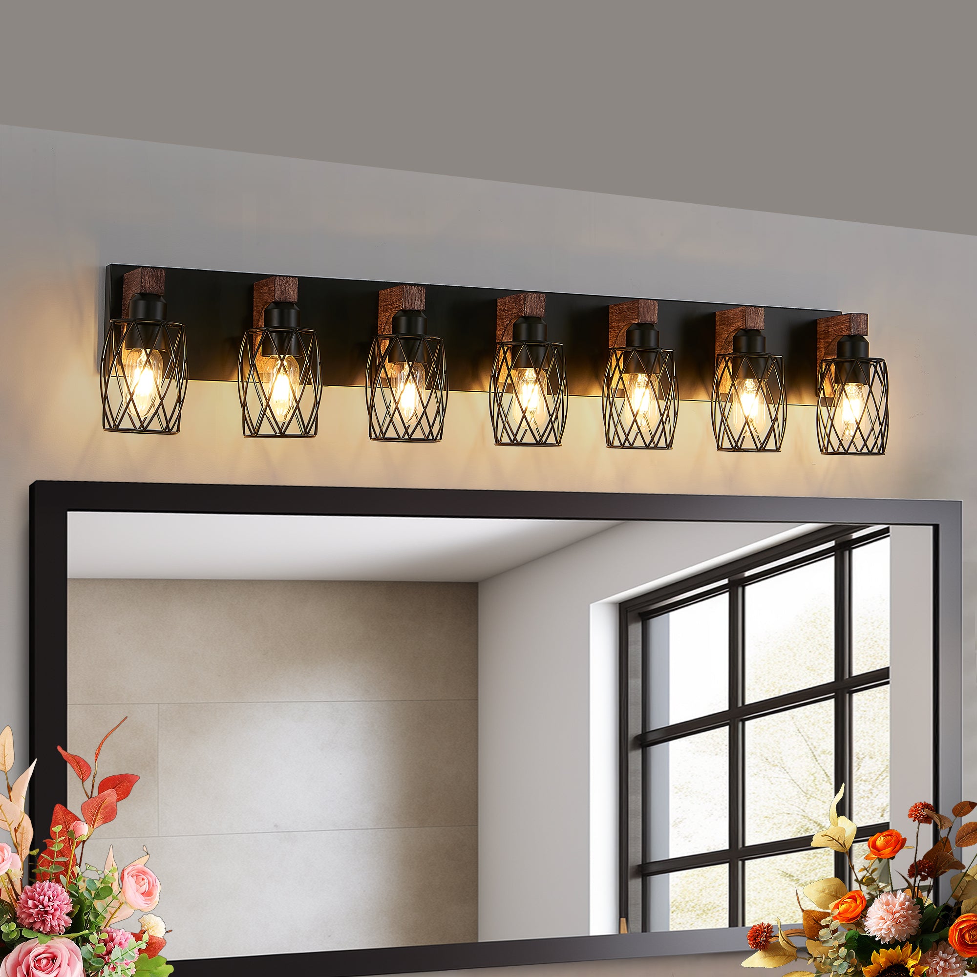 Walnut and Black Industrial 7-Light Wall Sconce, 8 in, Iron Mesh Shade