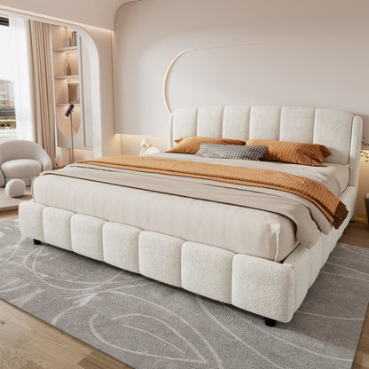 Beige bouclé king platform bed styled with orange and patterned pillows