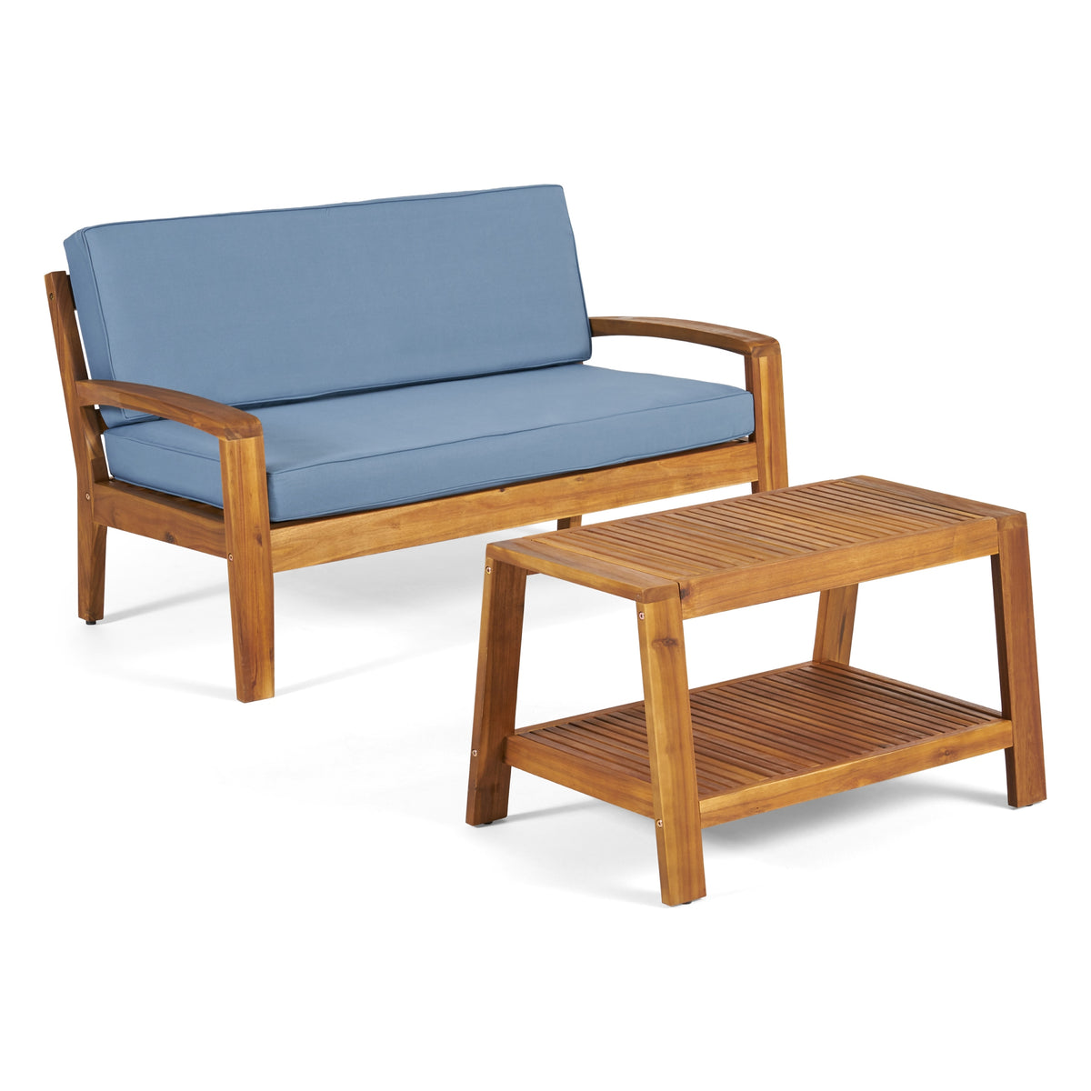 Teak Finish Solid Wood 2-Piece Patio Conversation Set