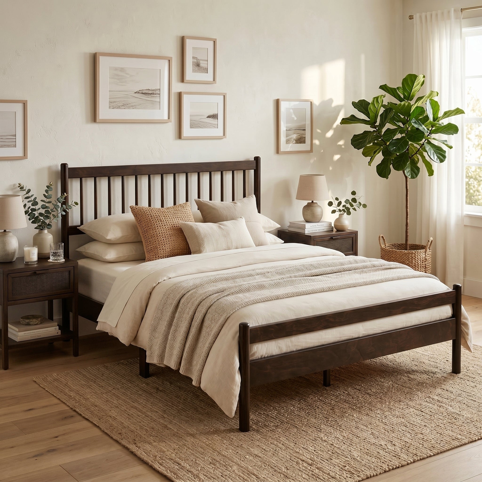 Angled view of the brown solid wood queen bed in a bright bedroom with cream linens and a potted fiddle-leaf fig #Color_Brown