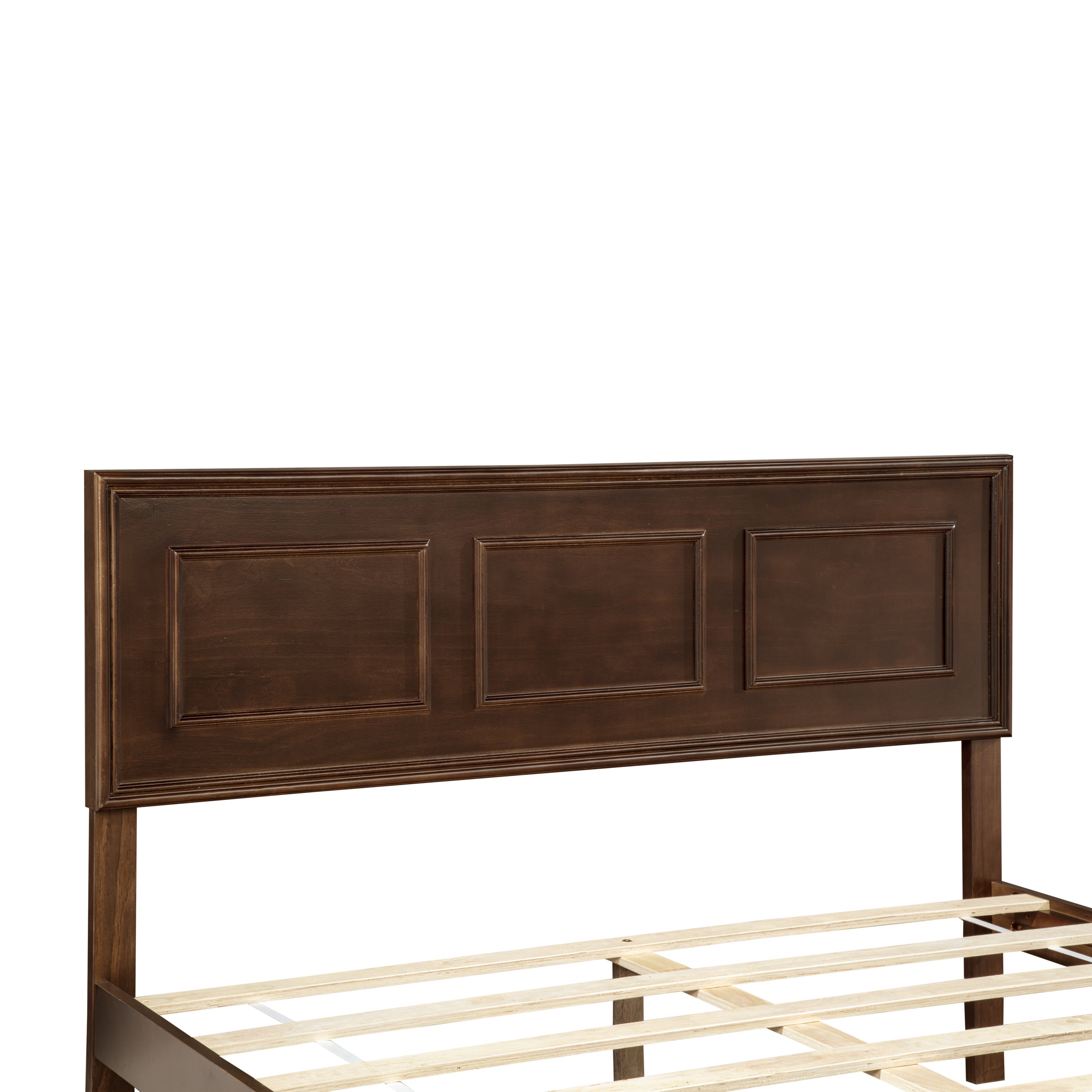 Closeup of rich brown queen headboard showing three recessed rectangular panels #Color_Rich Brown