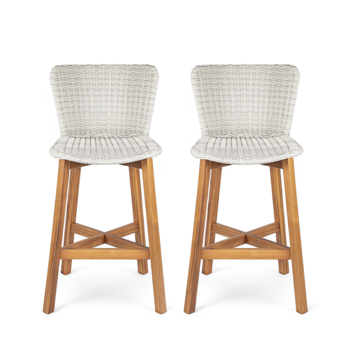 Teak Finish Solid Wood Outdoor Bar Stool, Set of 2, Light Gray Wicker