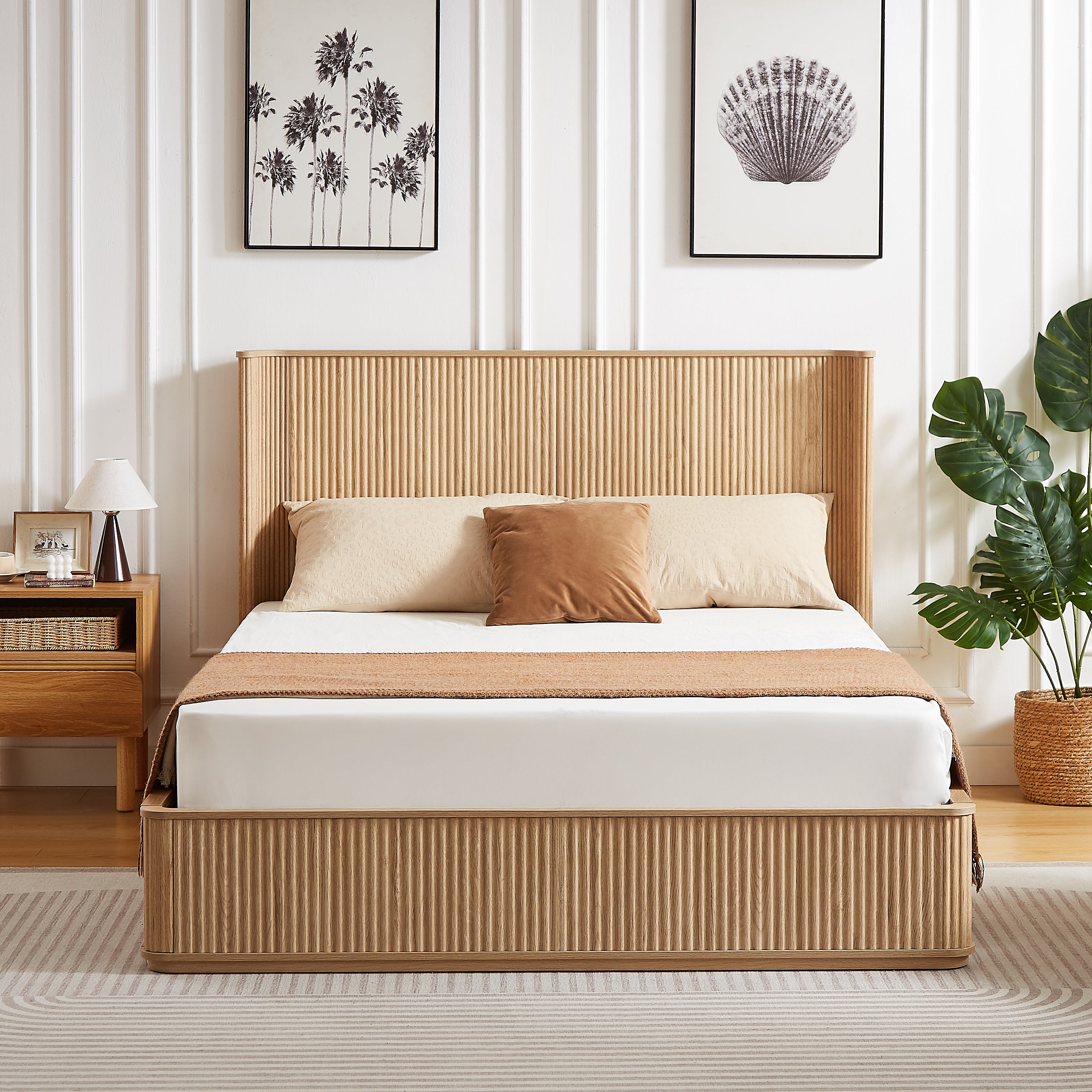 Front view of the natural oak fluted queen platform bed styled in a bright coastal bedroom #Color_Natural Oak