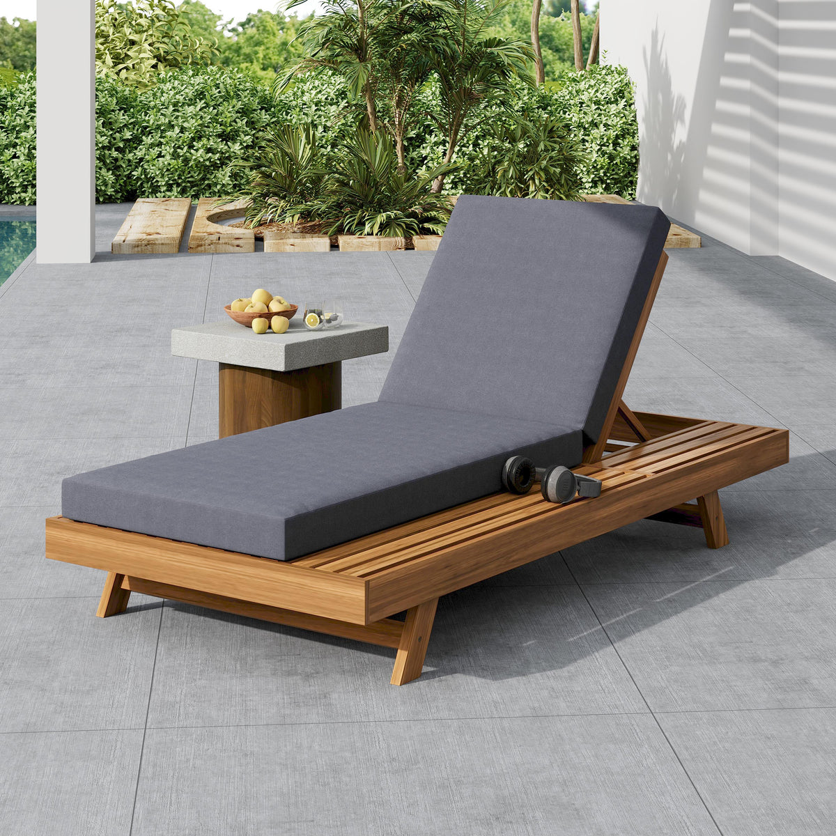 Teak Finish Solid Wood Outdoor Chaise Lounge, Dark Gray Cushion
