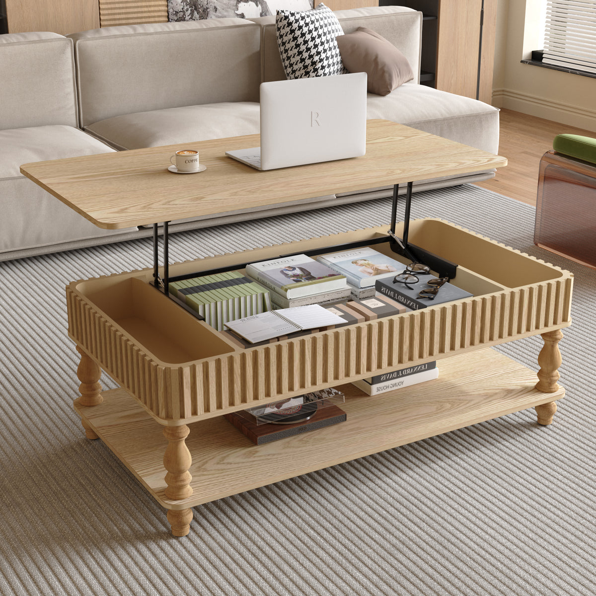 Natural Rectangular Fluted Lift-Top Coffee Table, 47.2 in