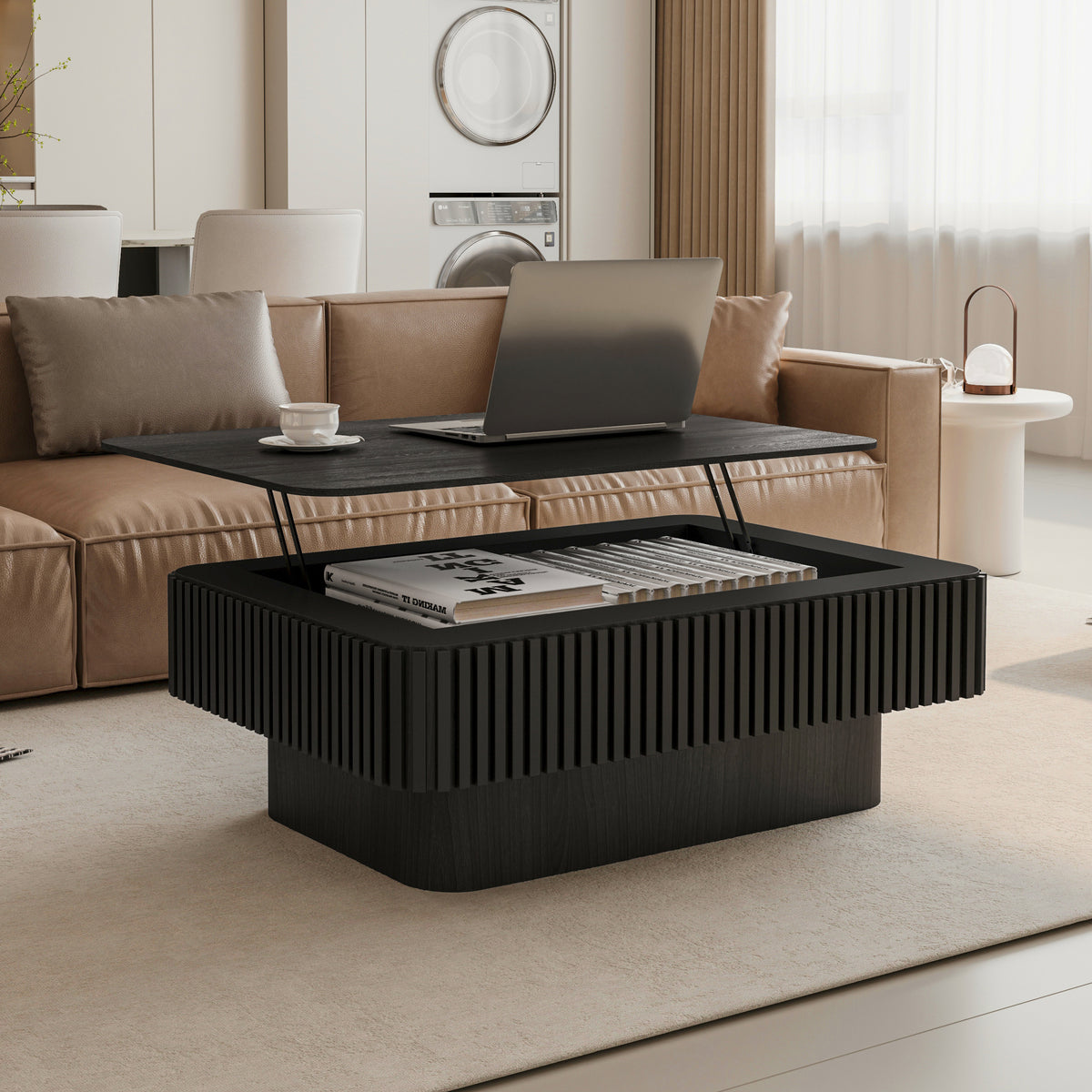 Black Rectangular Fluted Lift-Top Coffee Table, 38.6 in