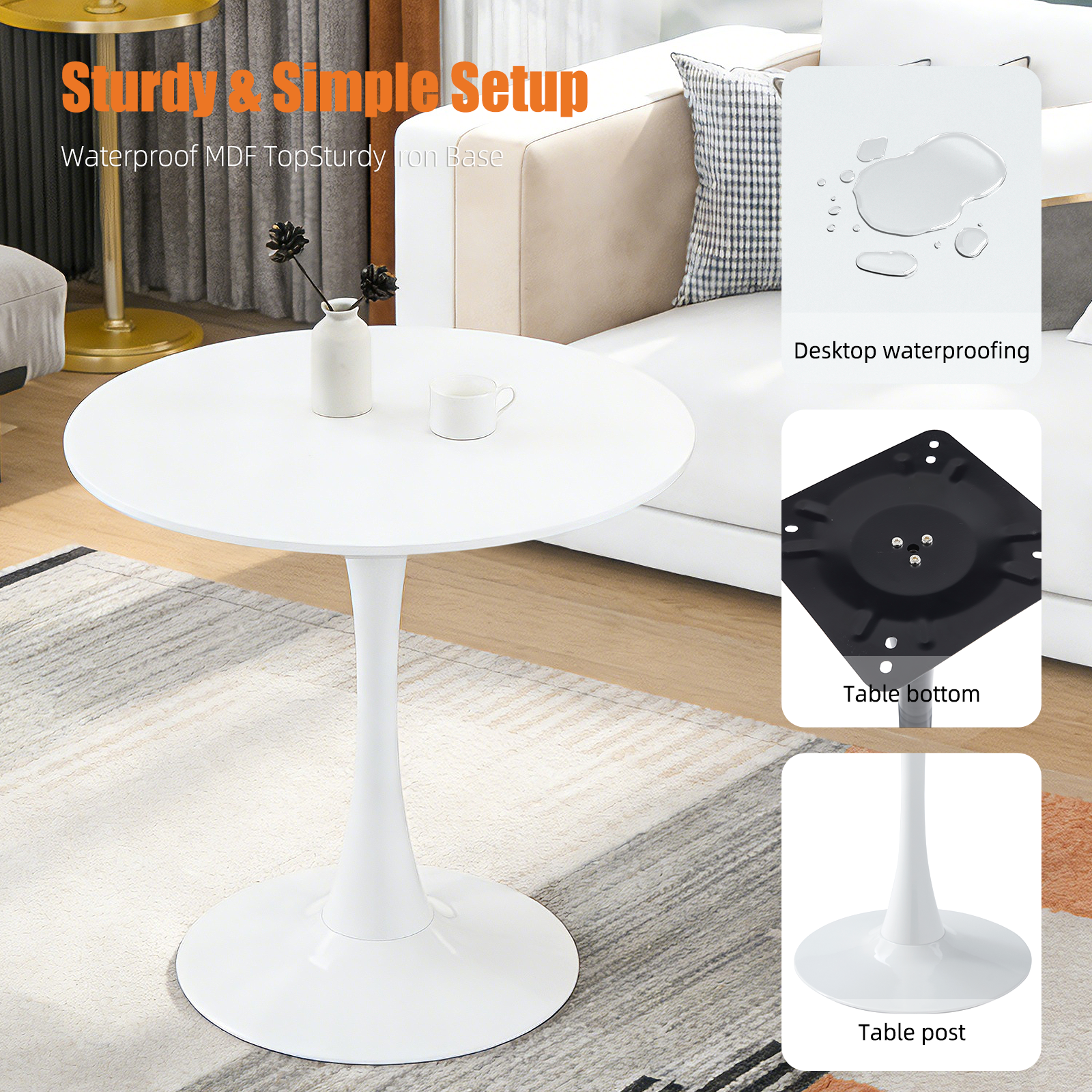 Feature graphic showing the white dining table waterproof MDF top and sturdy iron base