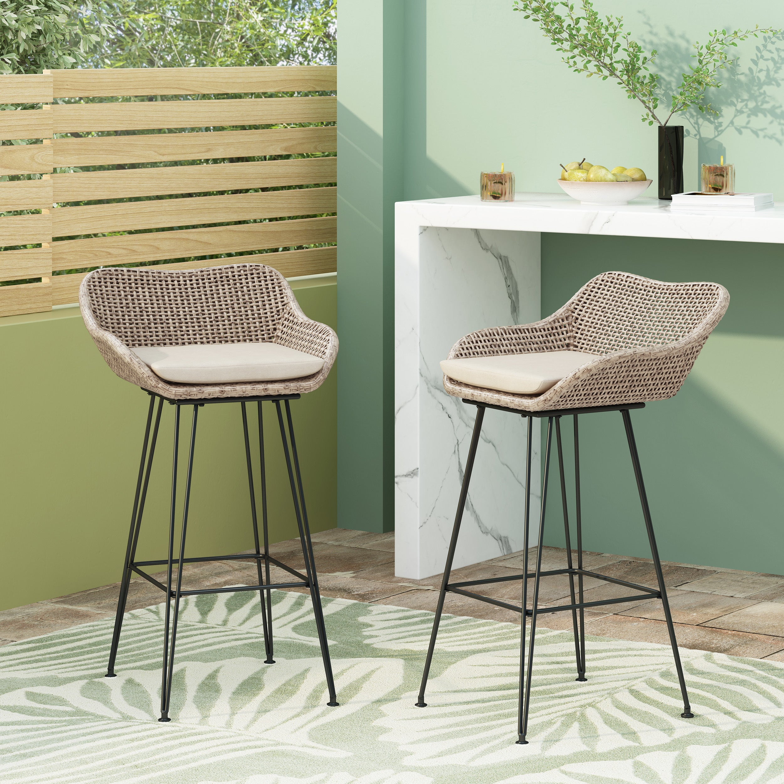 Bar Stool Set of 2, Woven Resin Wicker, Indoor Outdoor, Black Legs