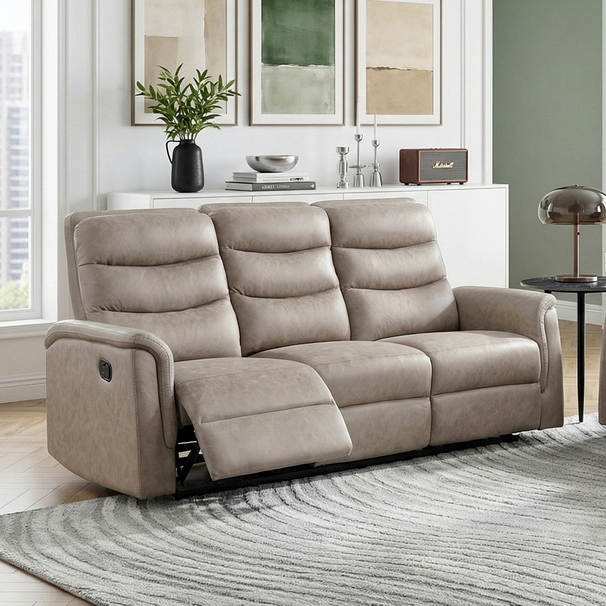 Taupe Microfiber Reclining Sofa, 81.5 in Wide